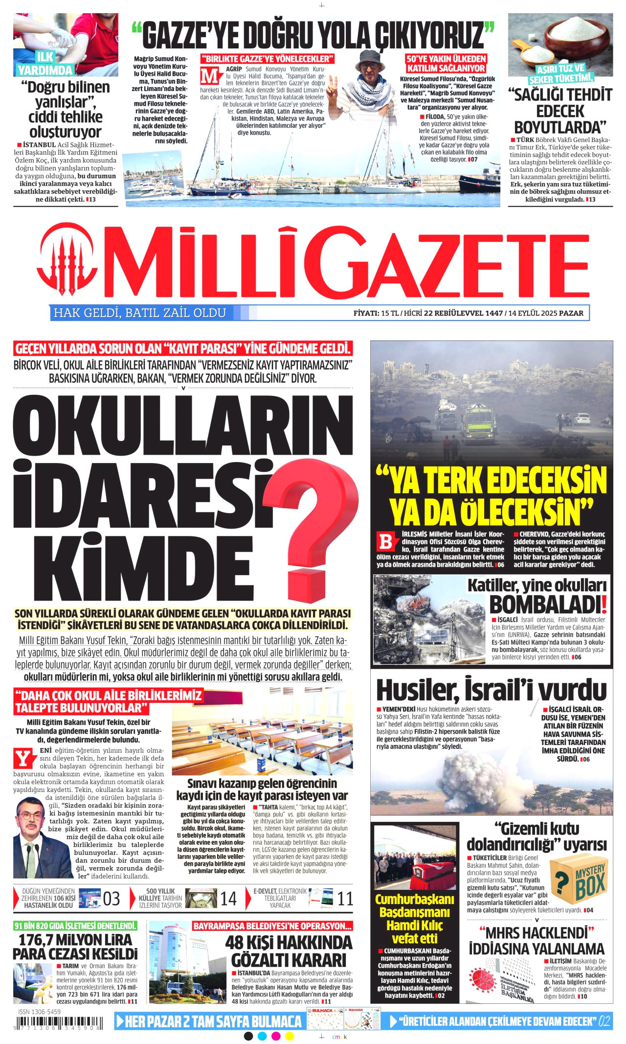 MİLLİ GAZETE gazetesinin 14 Eylül 2025 tarihli birinci sayfası