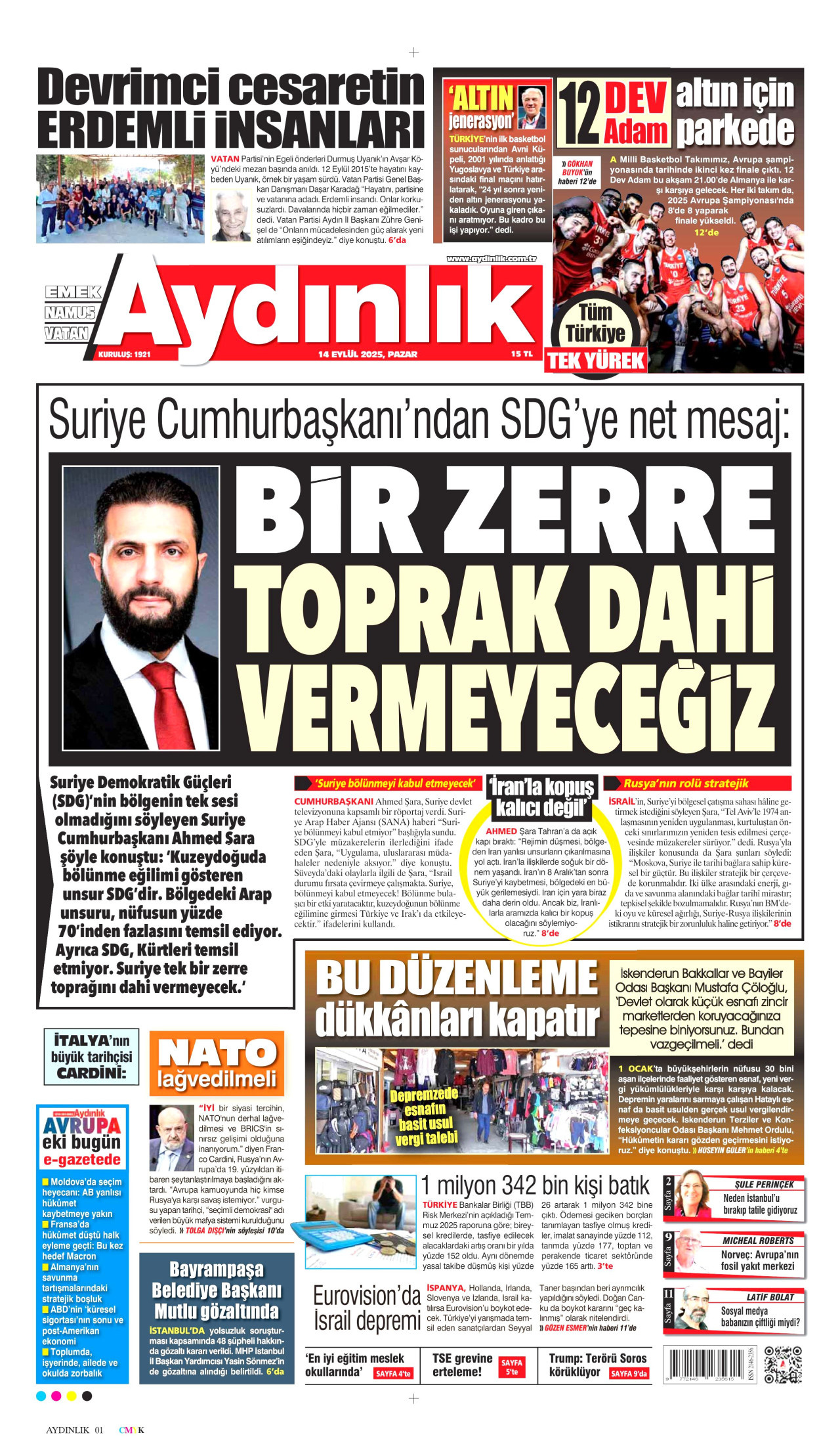 AYDINLIK GAZETESİ gazetesinin 14 Eylül 2025 tarihli birinci sayfası