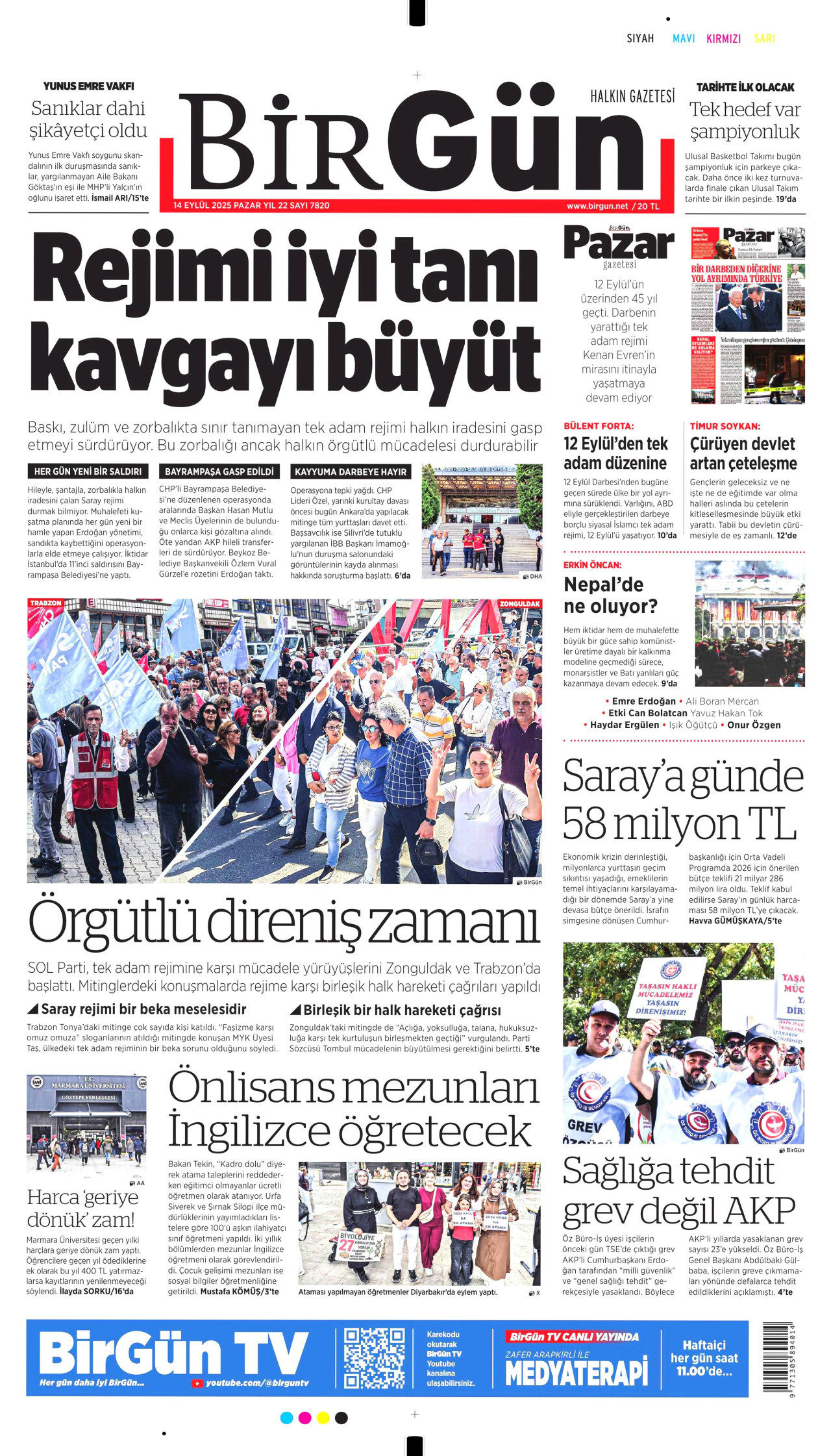 BİRGÜN gazetesinin 14 Eylül 2025 tarihli birinci sayfası