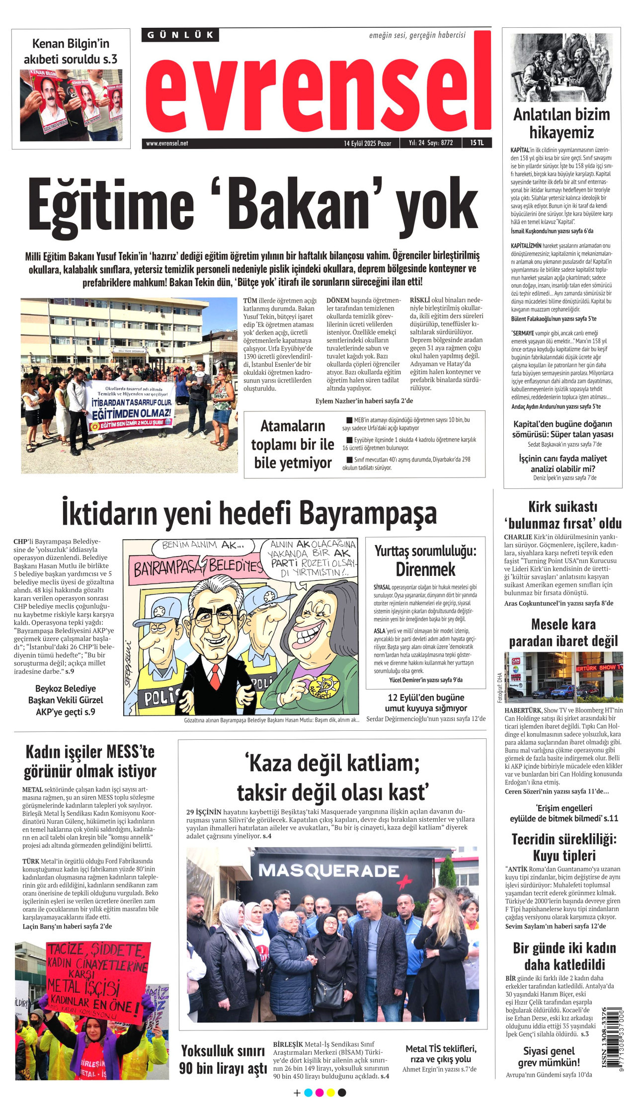 EVRENSEL gazetesinin 14 Eylül 2025 tarihli birinci sayfası