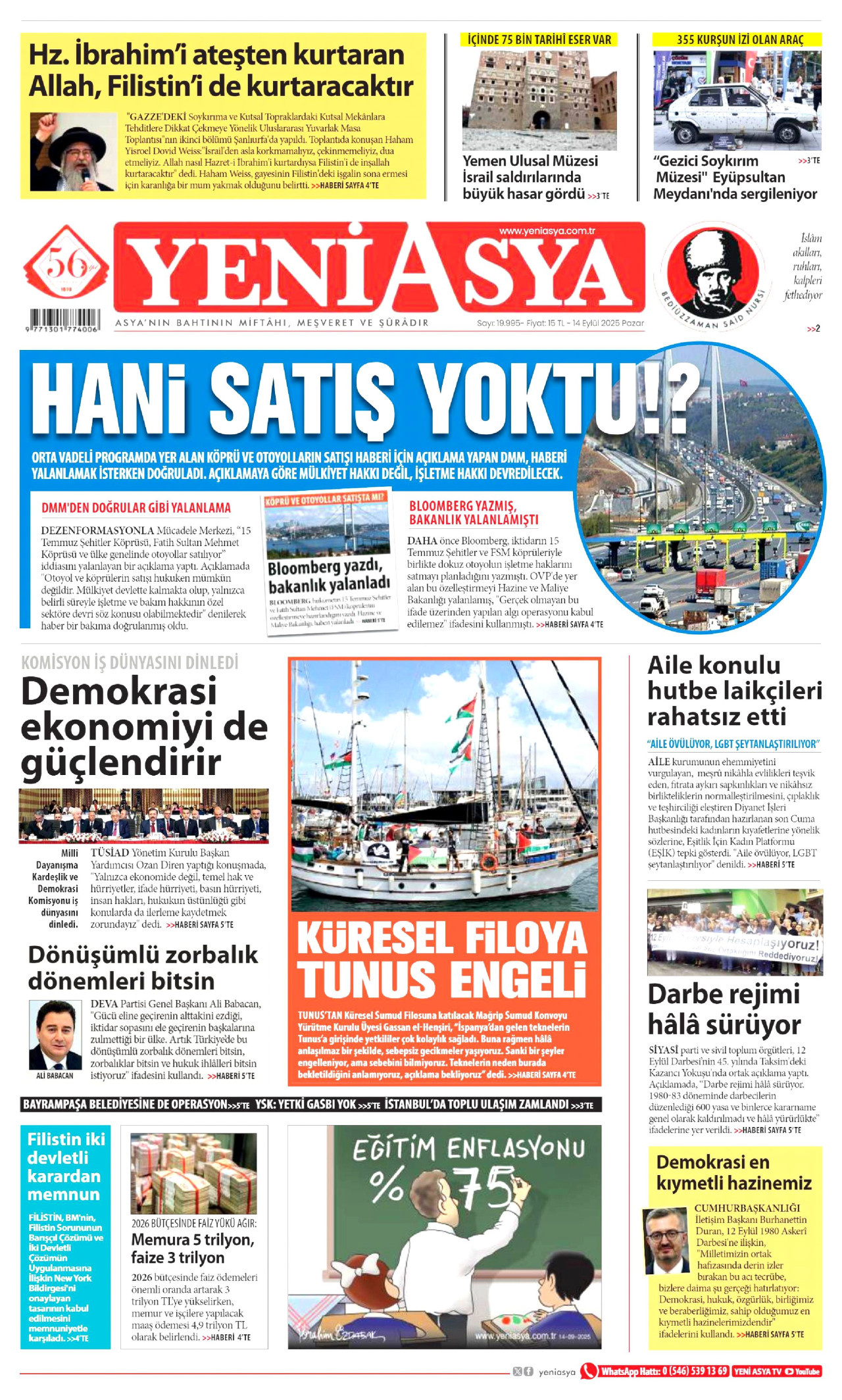 YENİ ASYA gazetesinin 14 Eylül 2025 tarihli birinci sayfası