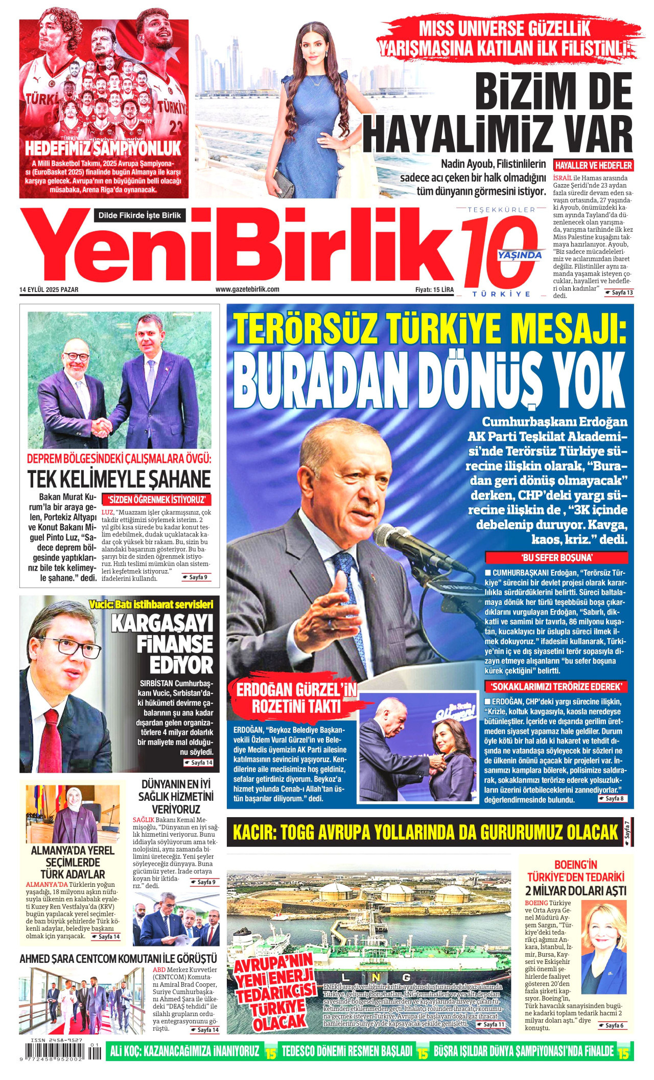 YENİBİRLİK gazetesinin 14 Eylül 2025 tarihli birinci sayfası