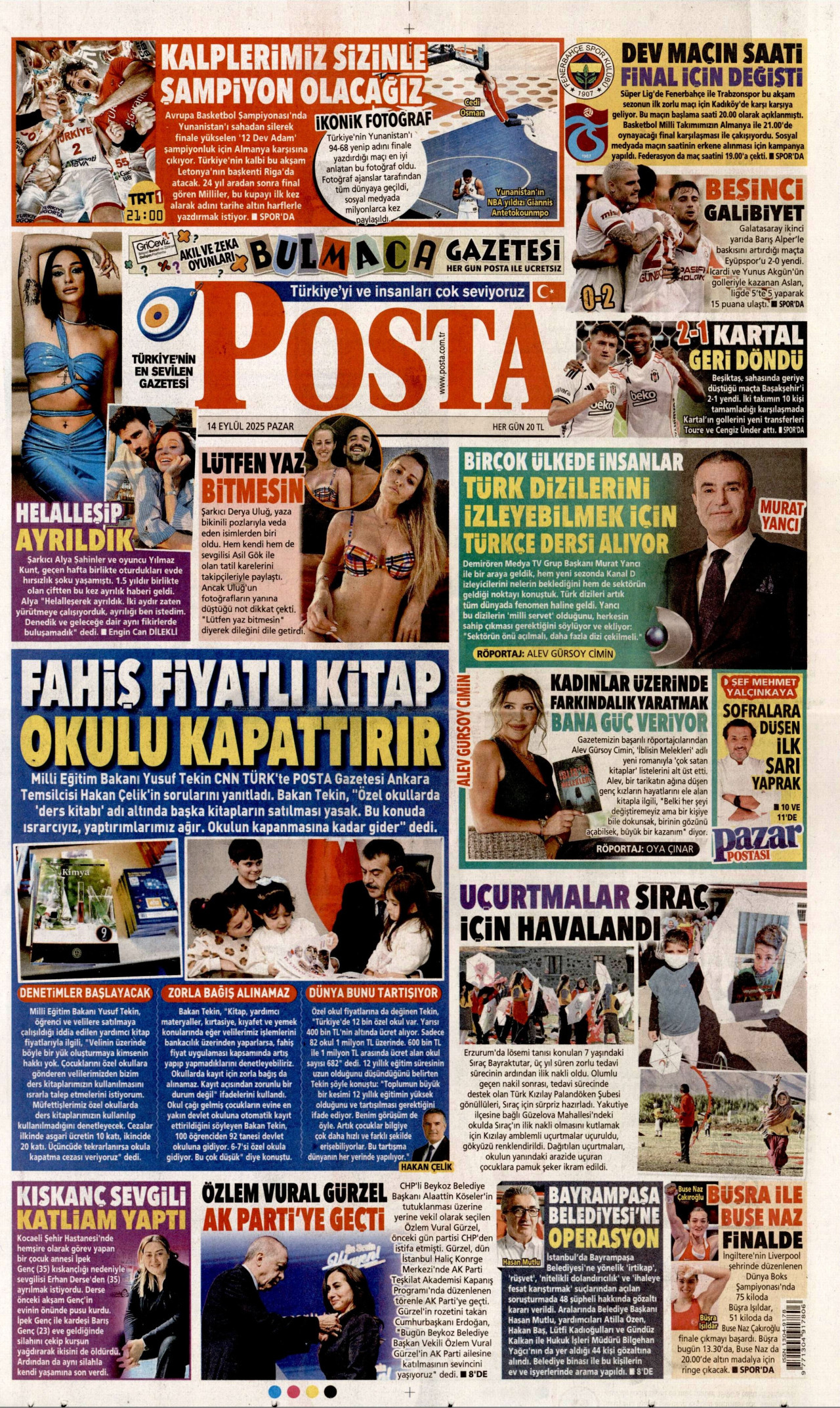 POSTA gazetesinin 14 Eylül 2025 tarihli birinci sayfası