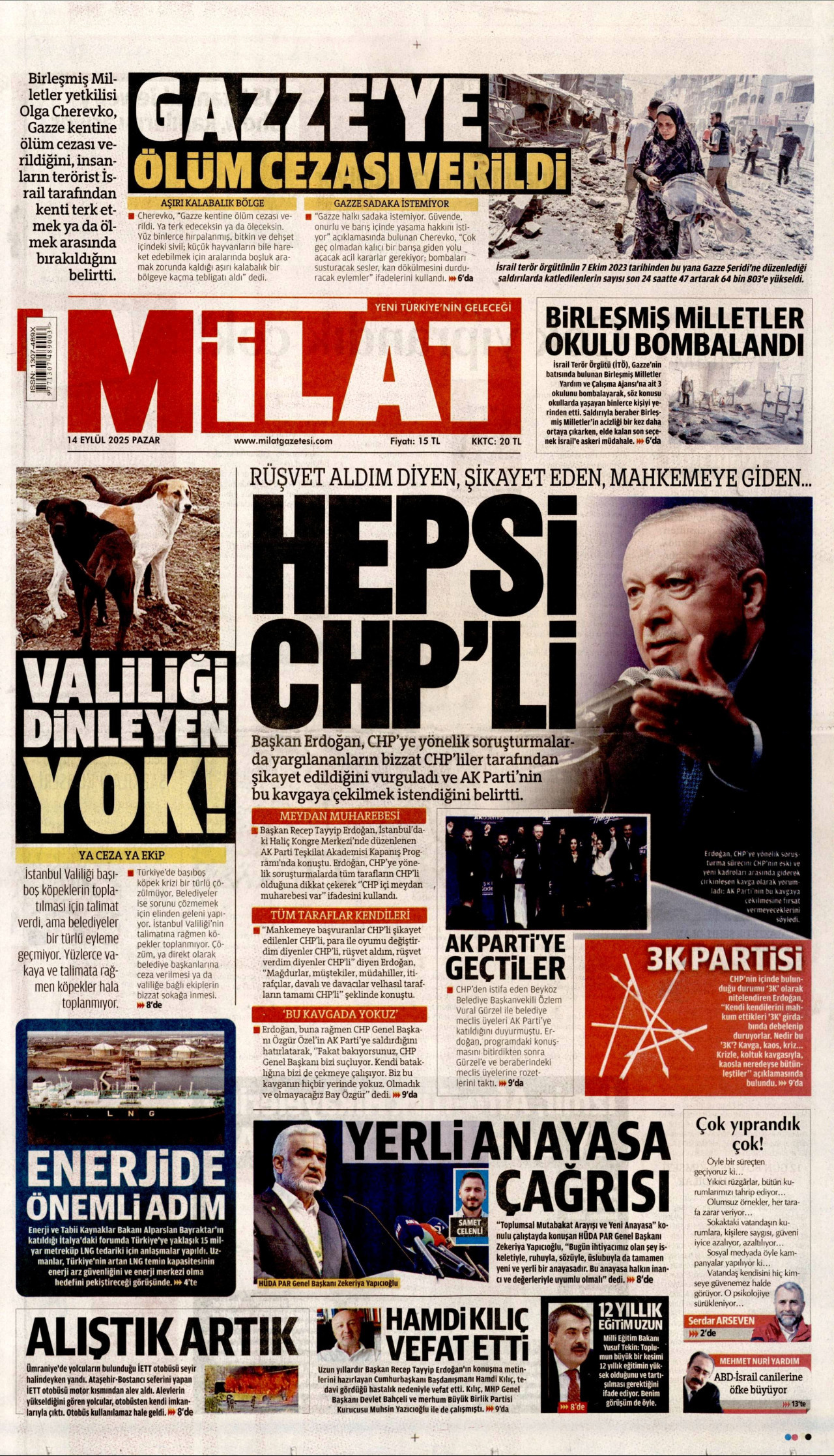 MİLAT gazetesinin 14 Eylül 2025 tarihli birinci sayfası