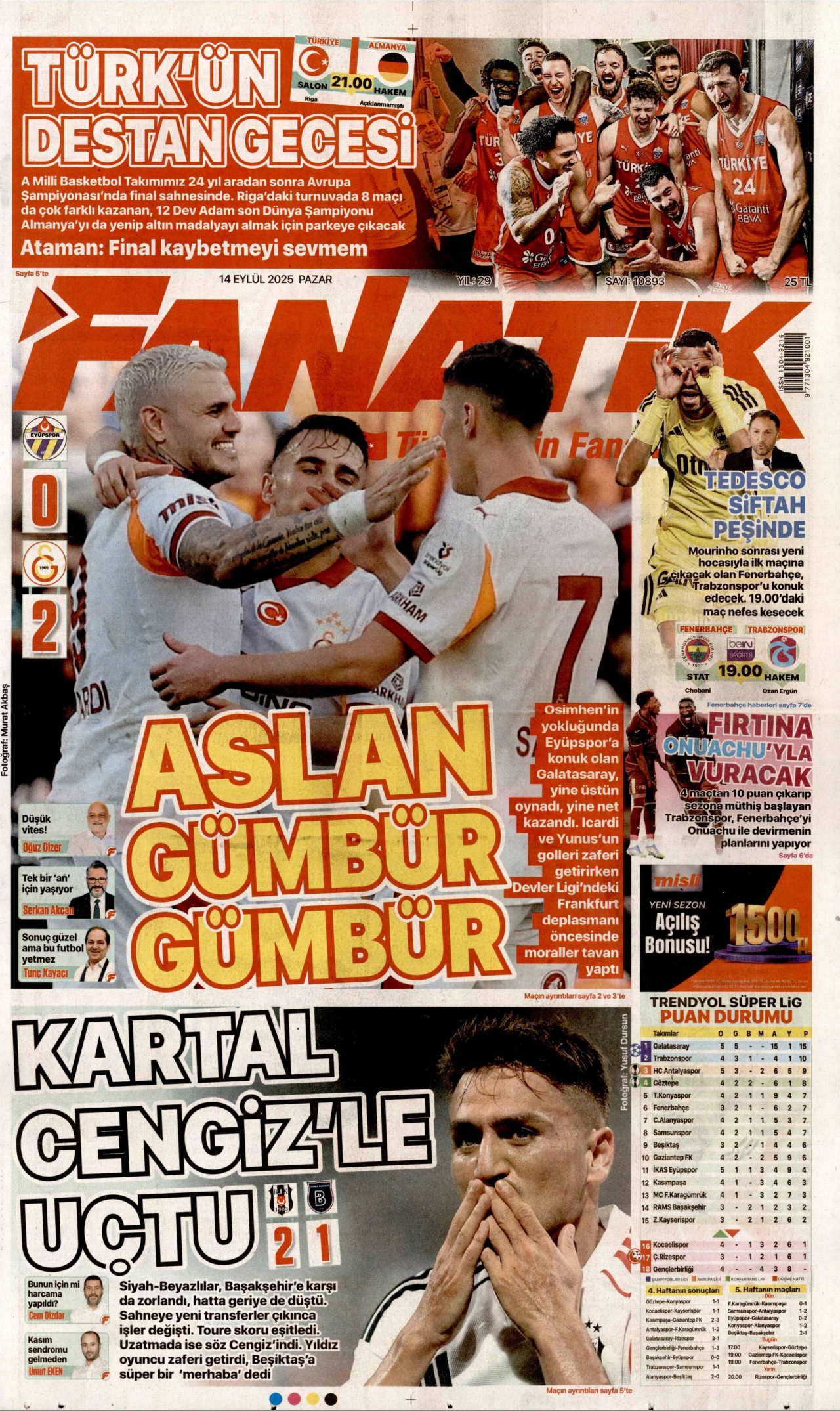 FANATİK gazetesinin 14 Eylül 2025 tarihli birinci sayfası
