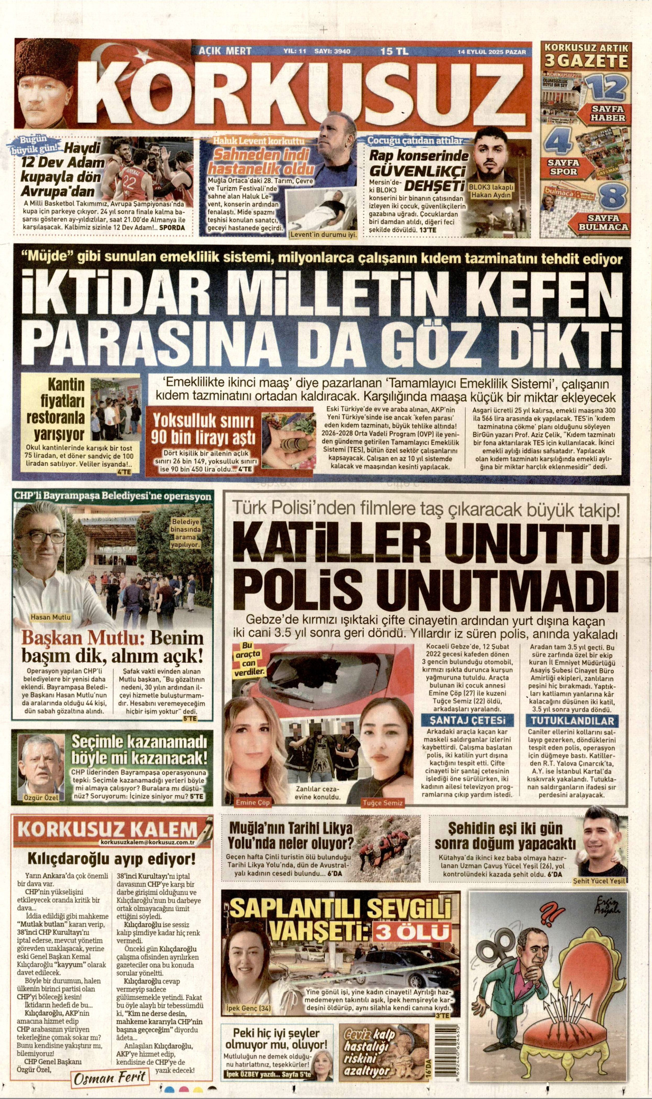 KORKUSUZ gazetesinin 14 Eylül 2025 tarihli birinci sayfası