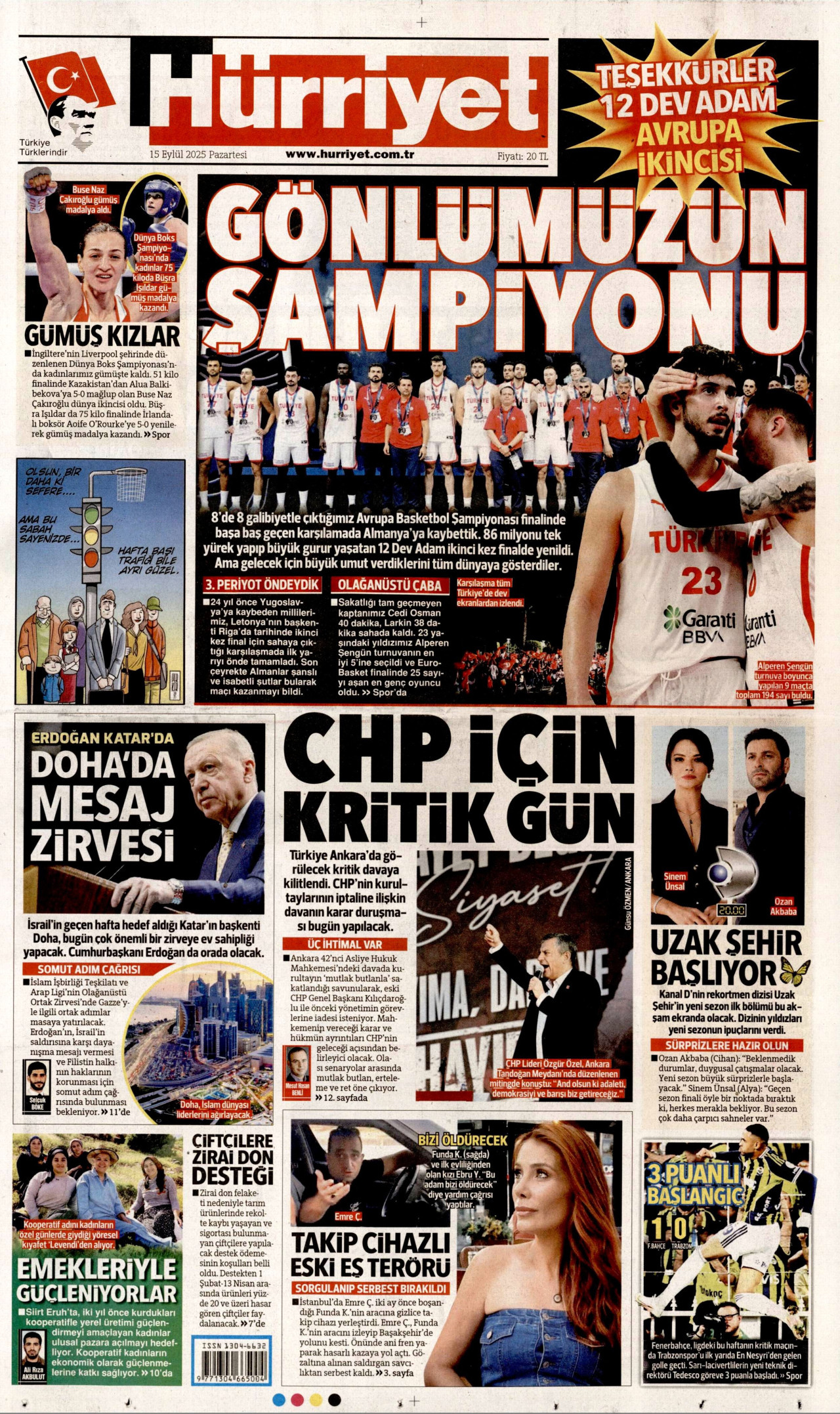 HÜRRİYET gazetesinin 15 Eylül 2025 tarihli birinci sayfası