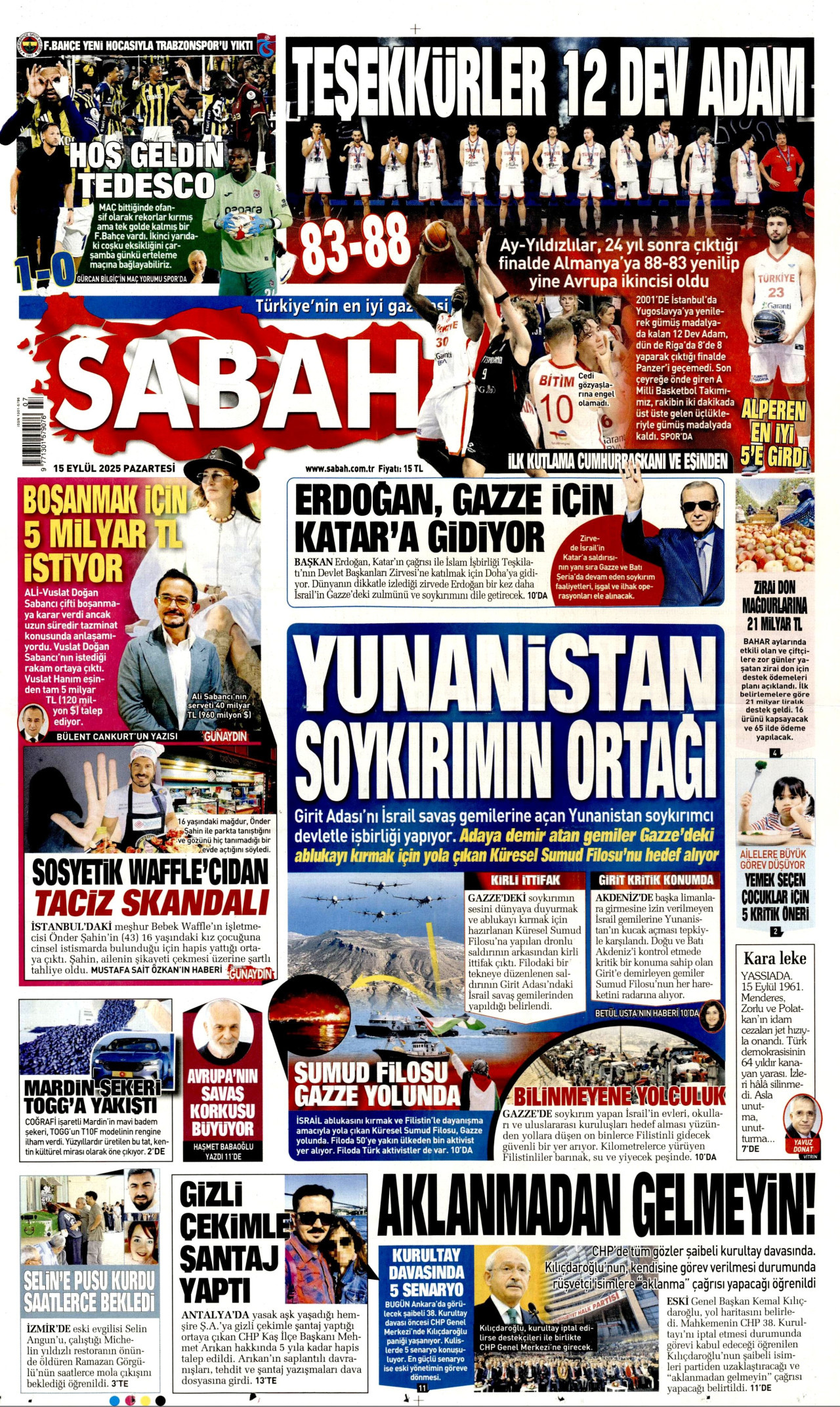 SABAH gazetesinin 15 Eylül 2025 tarihli birinci sayfası