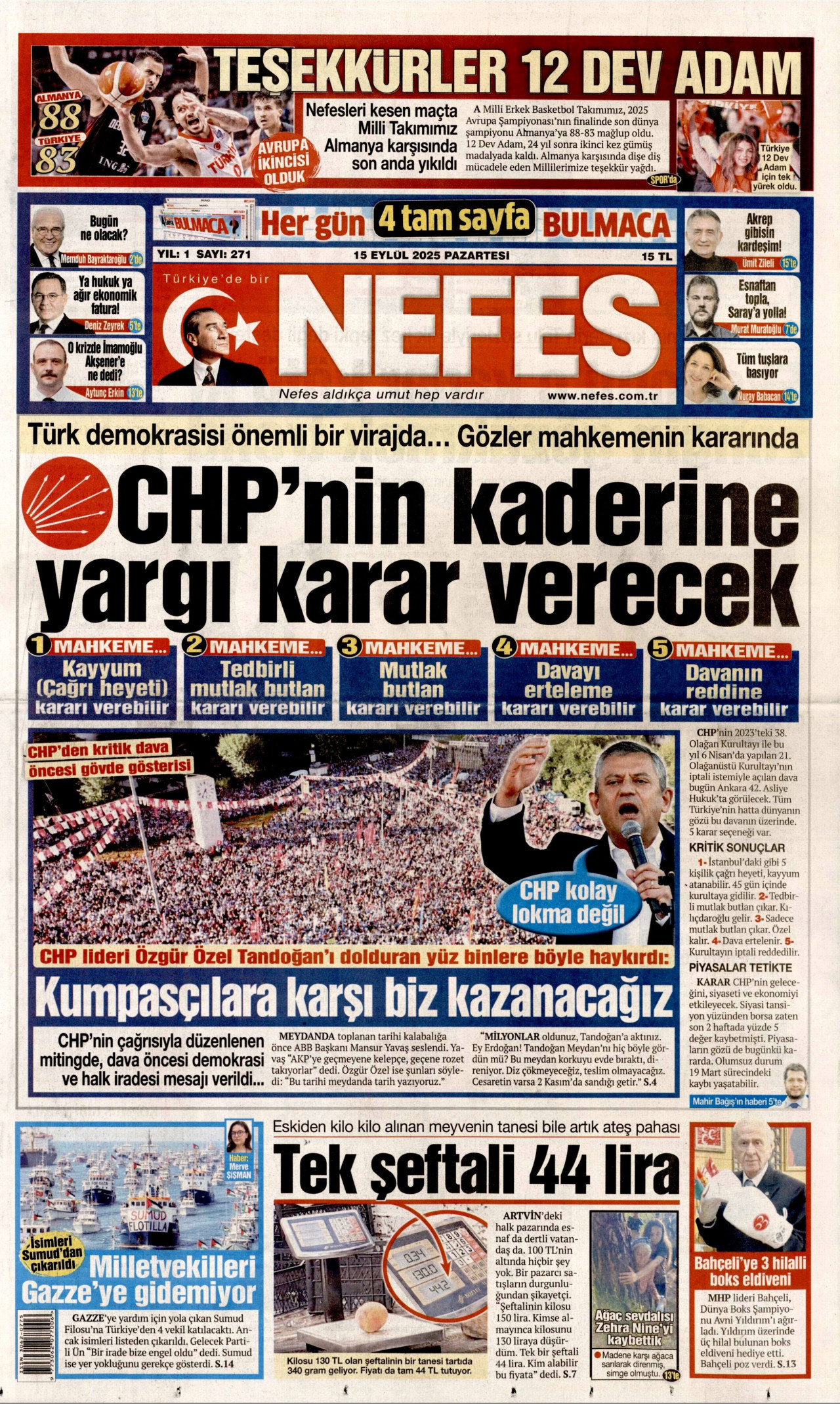 NEFES gazetesinin 15 Eylül 2025 tarihli birinci sayfası