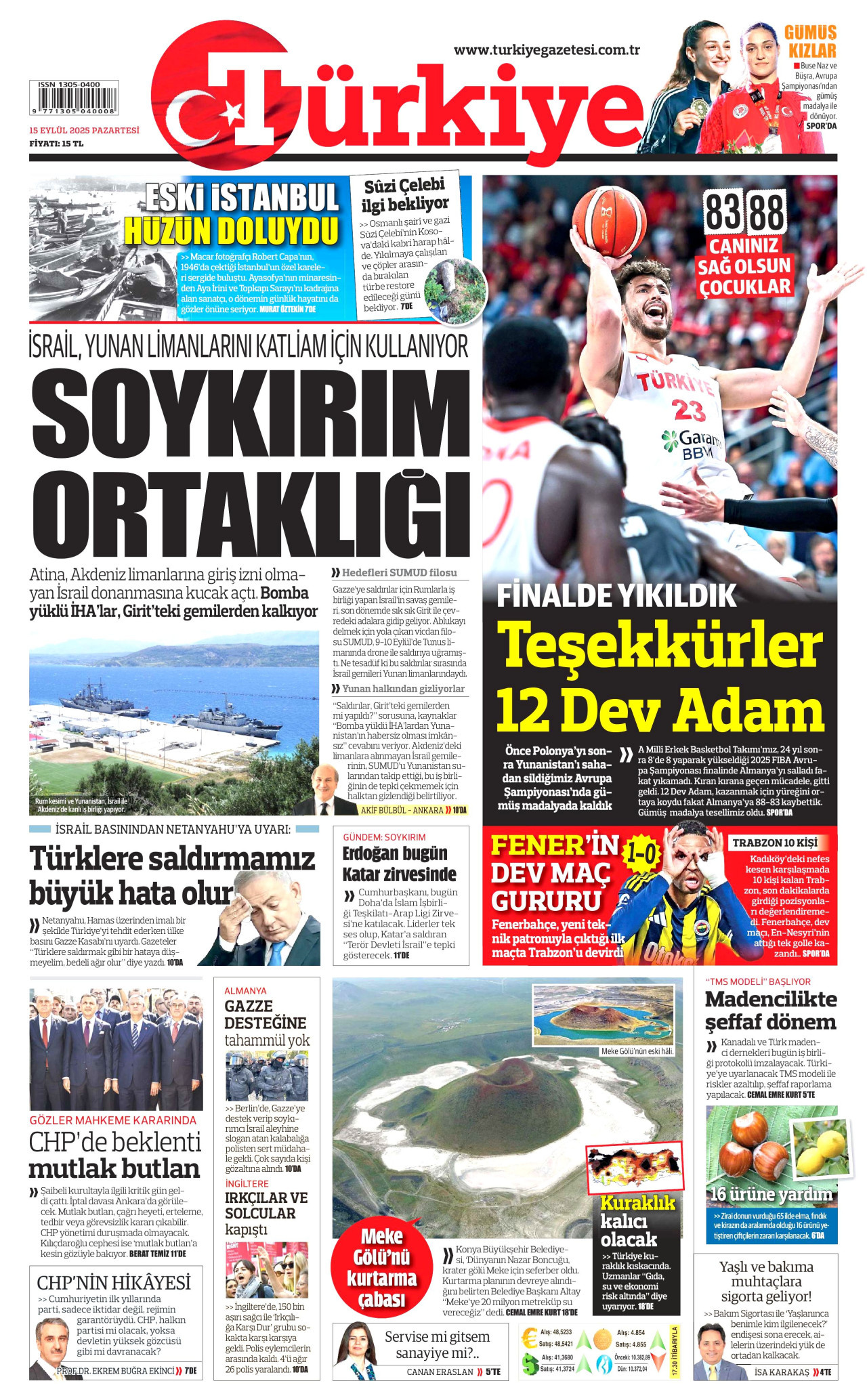 TÜRKİYE GAZETESİ gazetesinin 15 Eylül 2025 tarihli birinci sayfası