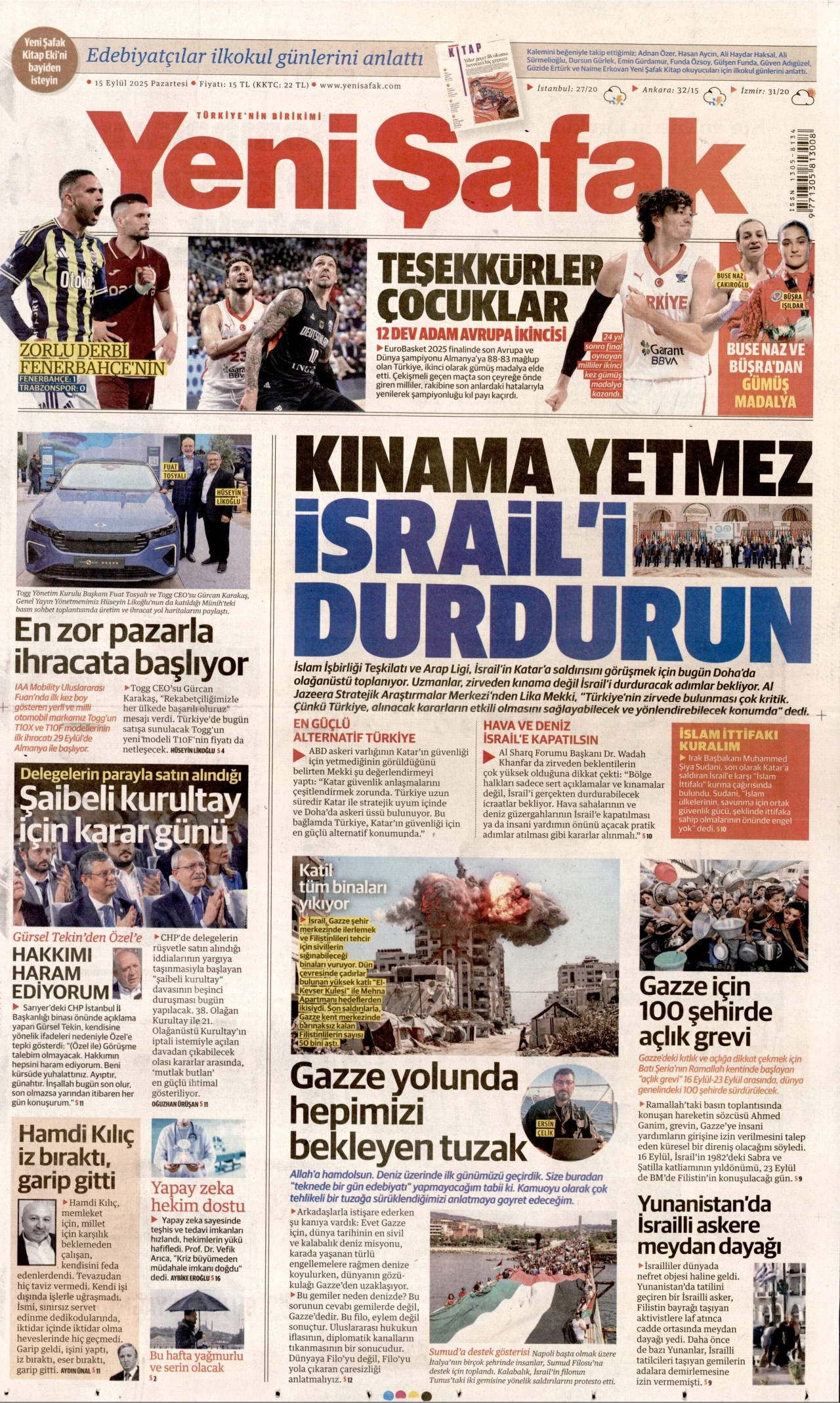 YENİ ŞAFAK gazetesinin 15 Eylül 2025 tarihli birinci sayfası