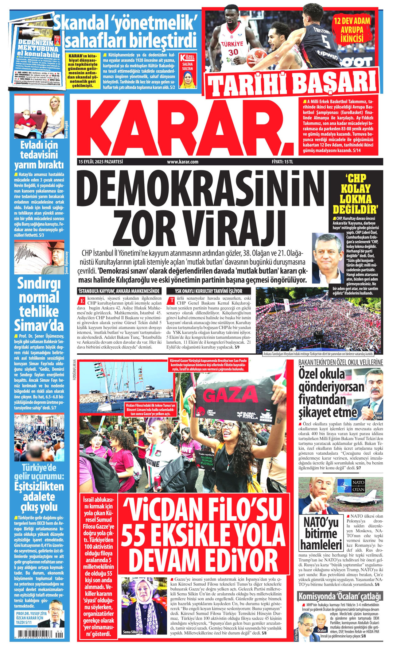 KARAR gazetesinin 15 Eylül 2025 tarihli birinci sayfası