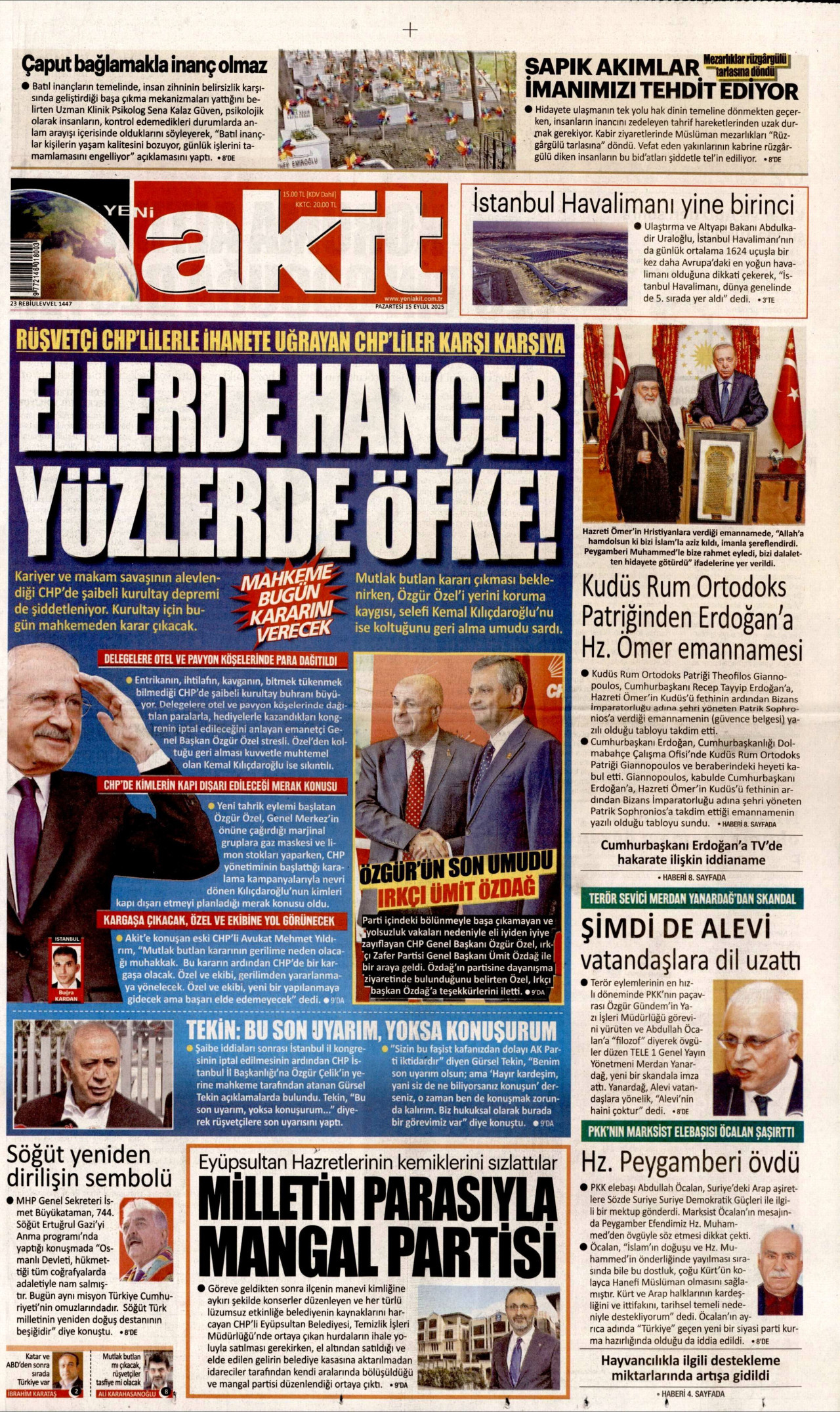 YENİ AKİT gazetesinin 15 Eylül 2025 tarihli birinci sayfası
