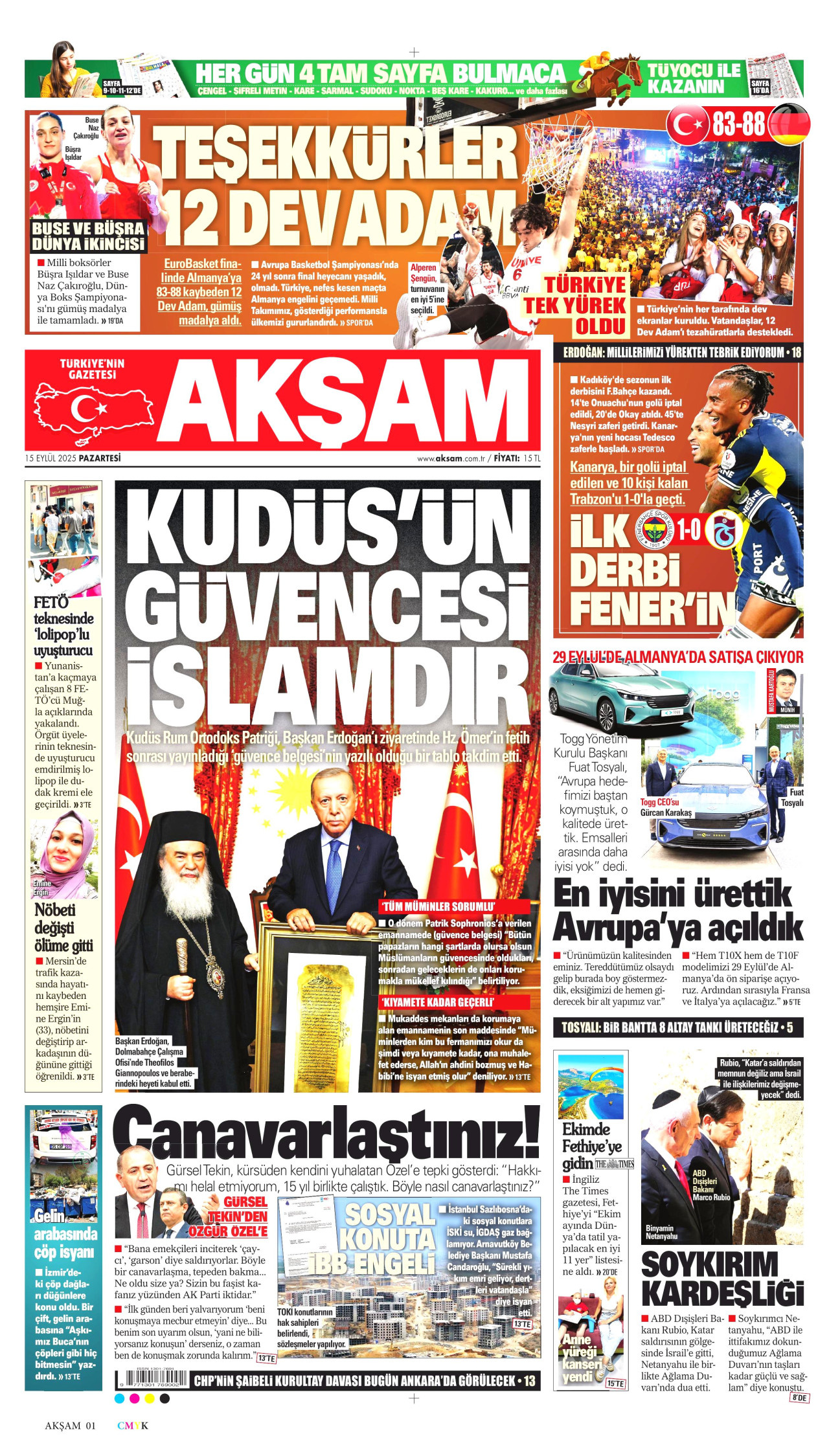 AKŞAM gazetesinin 15 Eylül 2025 tarihli birinci sayfası