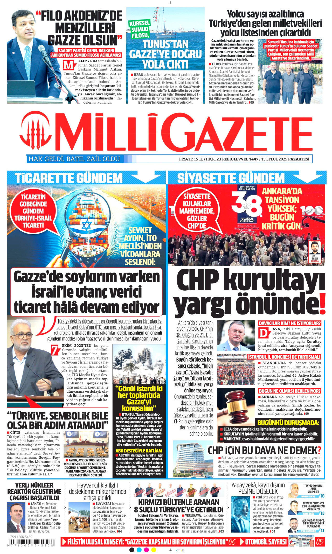 MİLLİ GAZETE gazetesinin 15 Eylül 2025 tarihli birinci sayfası