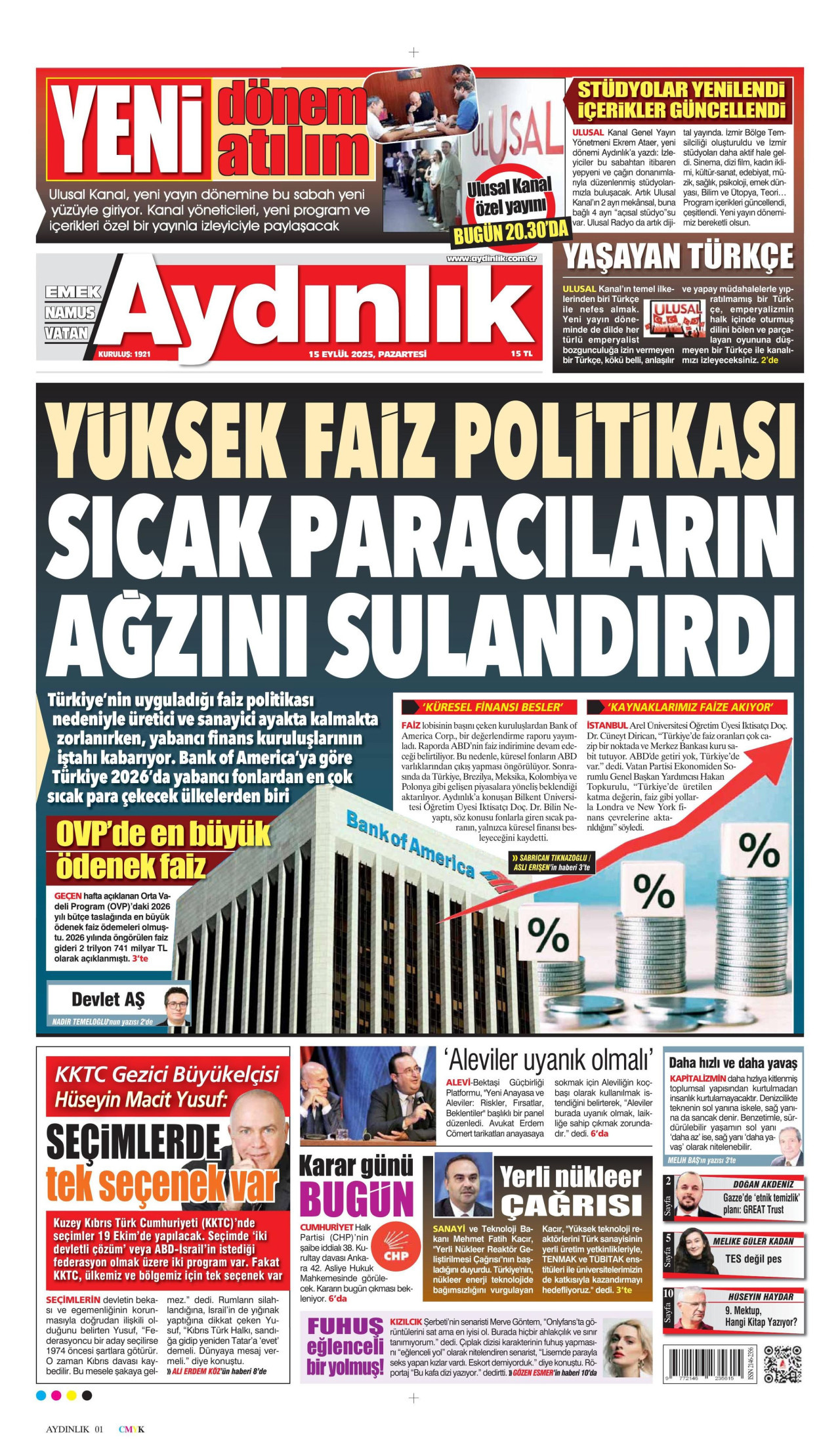 AYDINLIK GAZETESİ gazetesinin 15 Eylül 2025 tarihli birinci sayfası