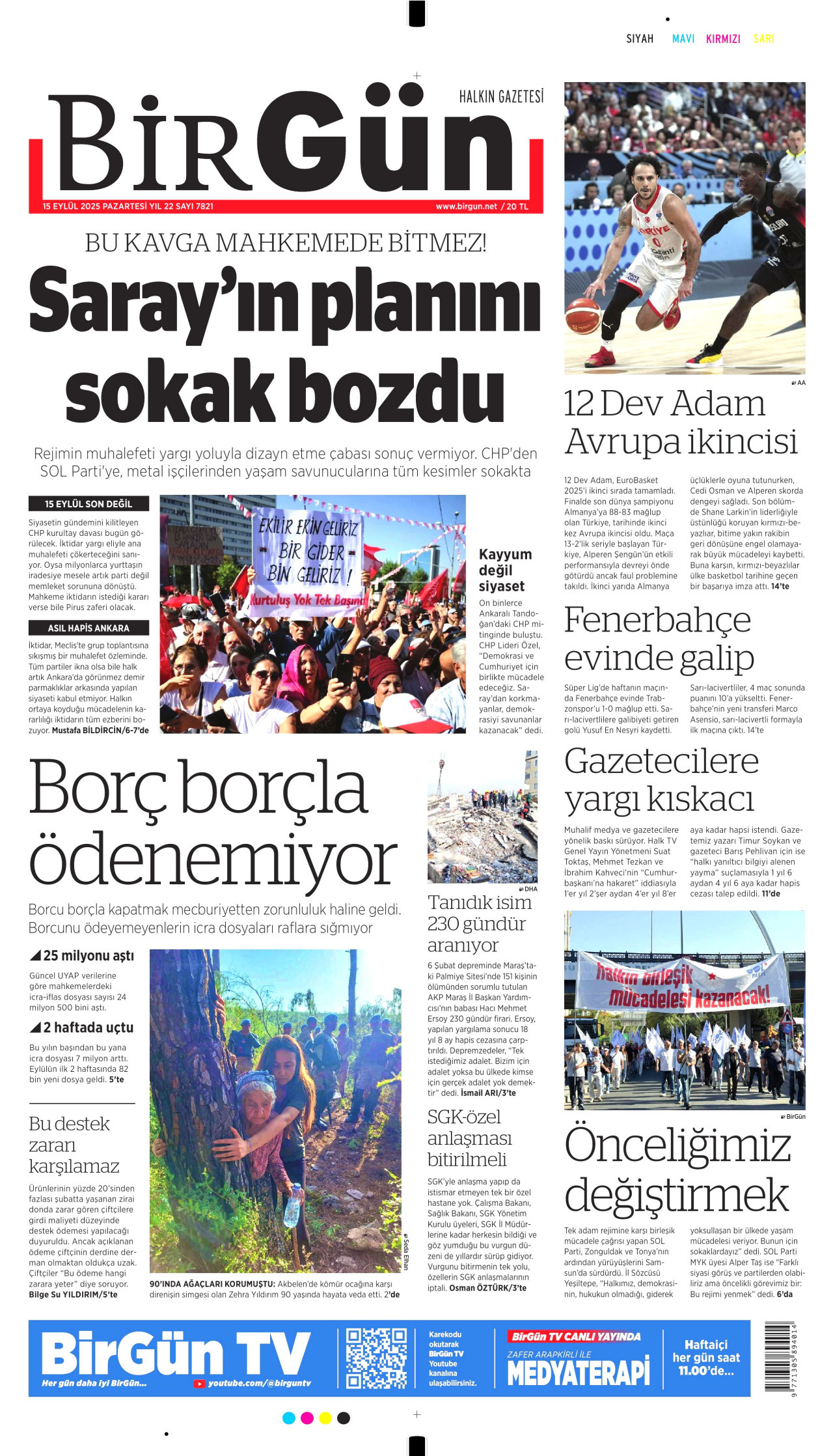 BİRGÜN gazetesinin 15 Eylül 2025 tarihli birinci sayfası