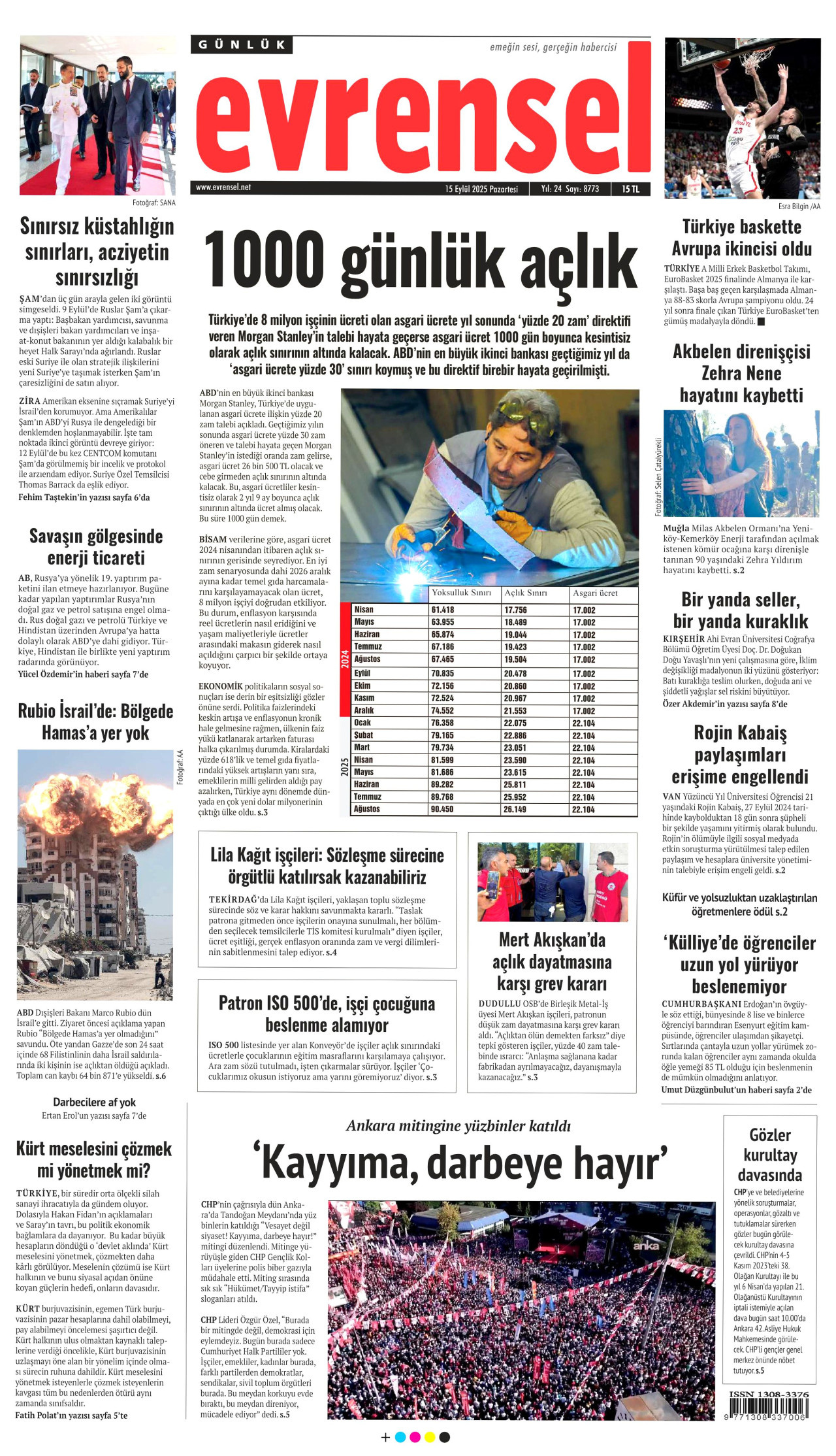 EVRENSEL gazetesinin 15 Eylül 2025 tarihli birinci sayfası