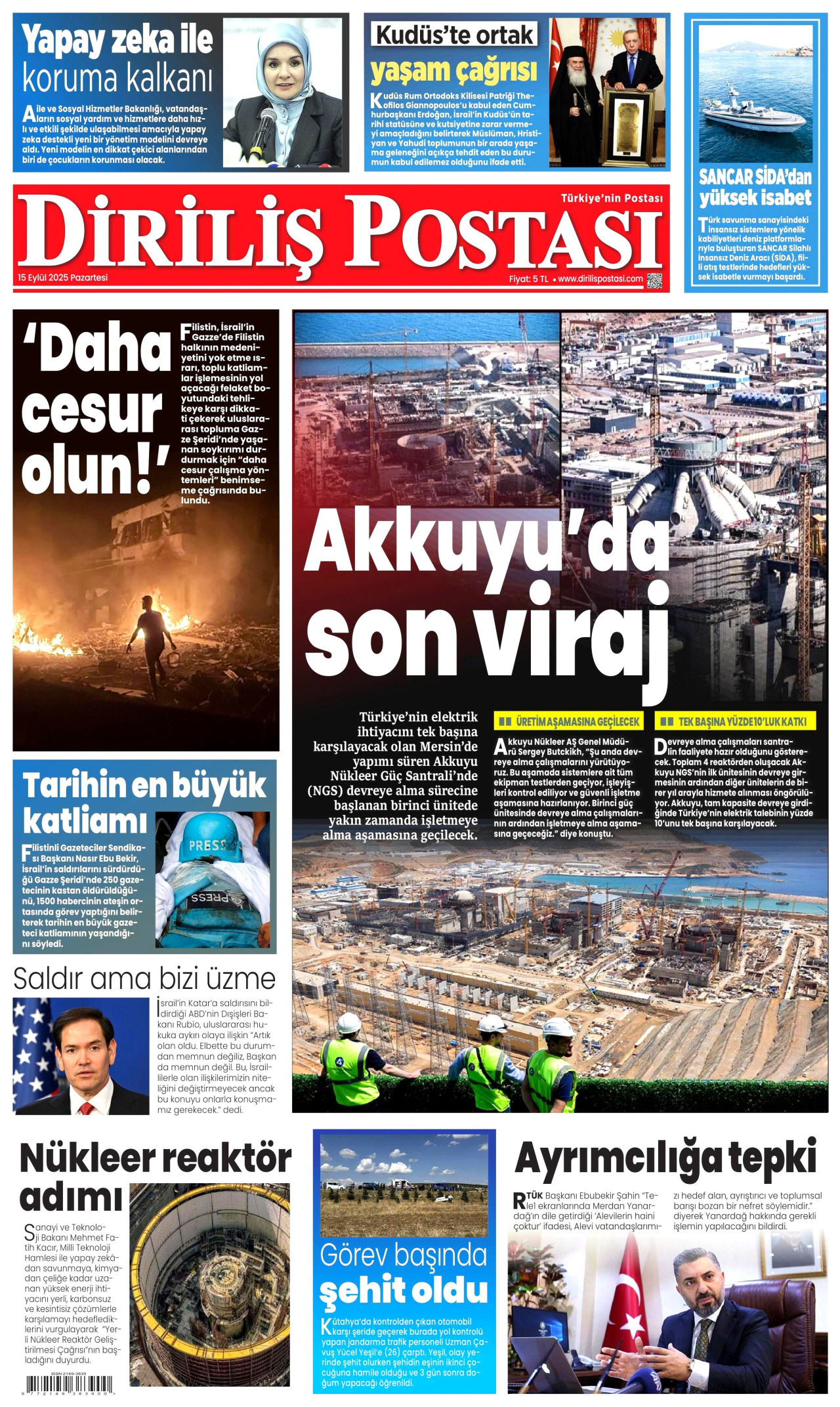 DİRİLİŞ POSTASI gazetesinin 15 Eylül 2025 tarihli birinci sayfası