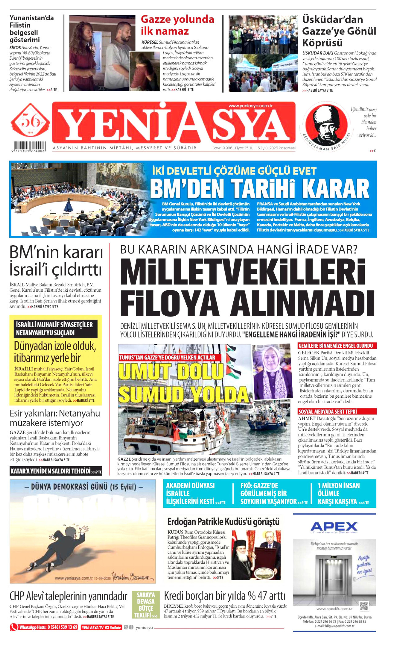 YENİ ASYA gazetesinin 15 Eylül 2025 tarihli birinci sayfası