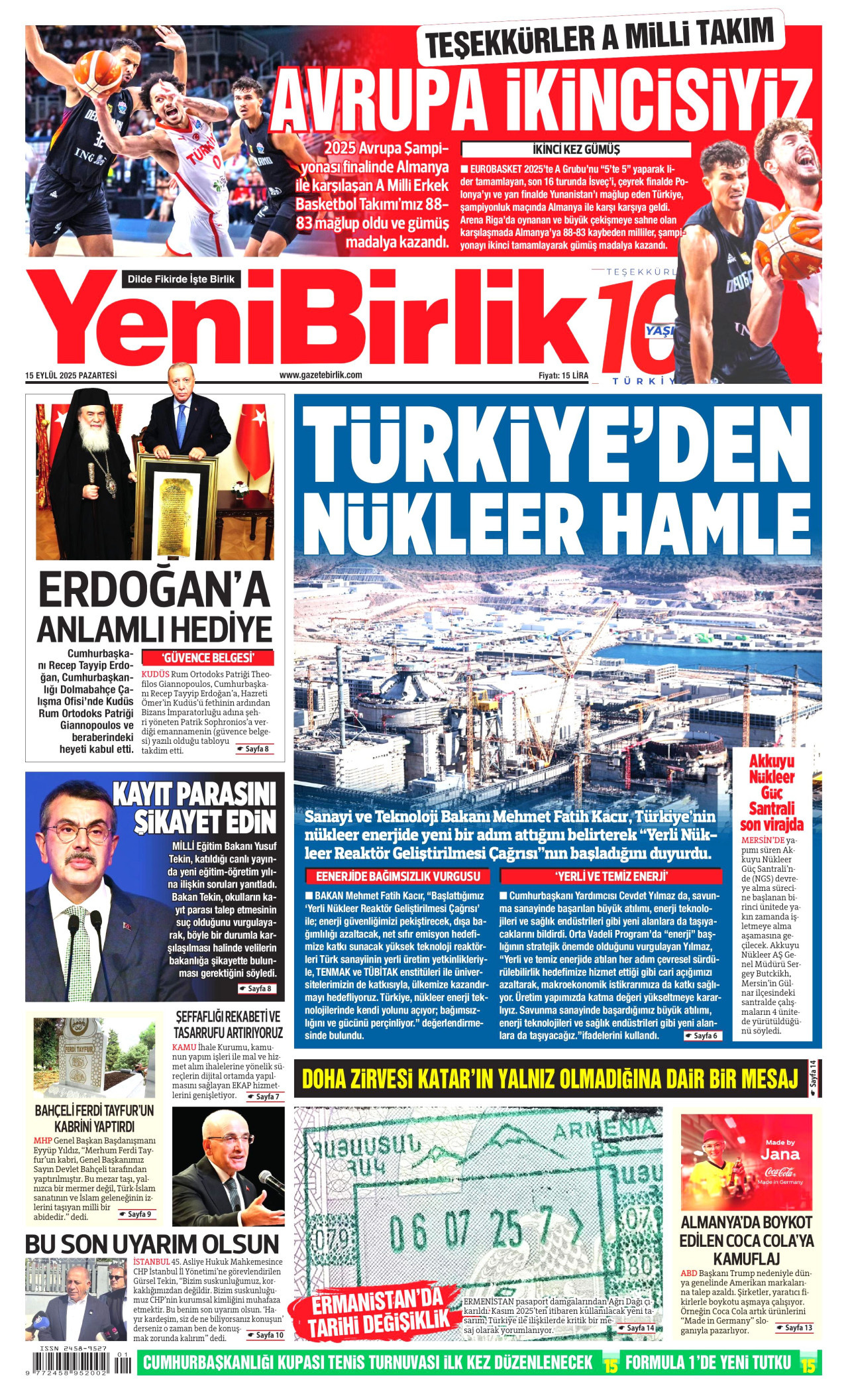 YENİBİRLİK gazetesinin 15 Eylül 2025 tarihli birinci sayfası