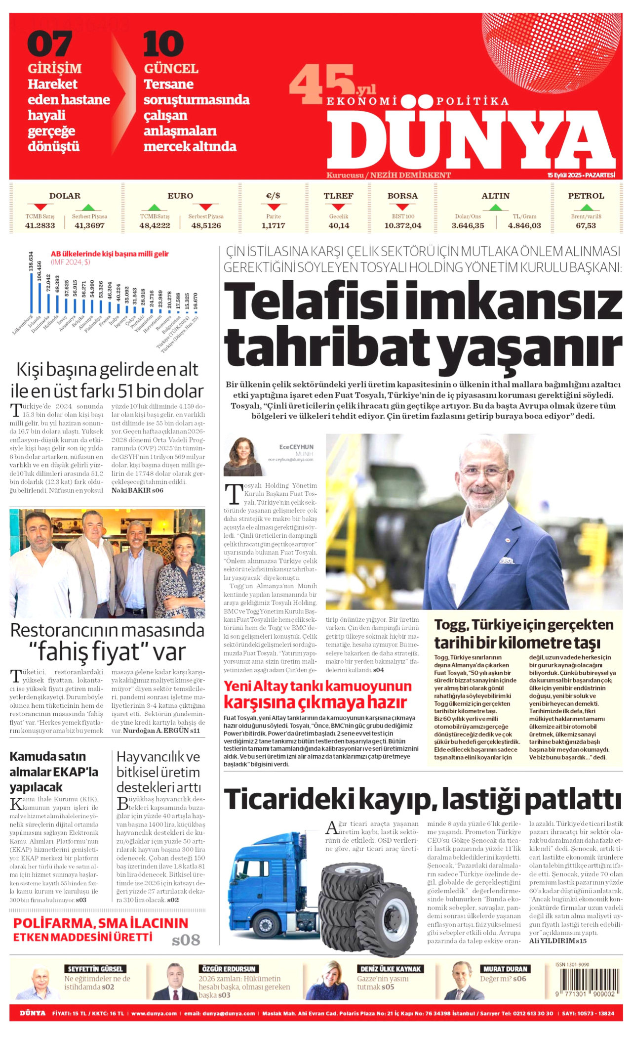 DÜNYA gazetesinin 15 Eylül 2025 tarihli birinci sayfası