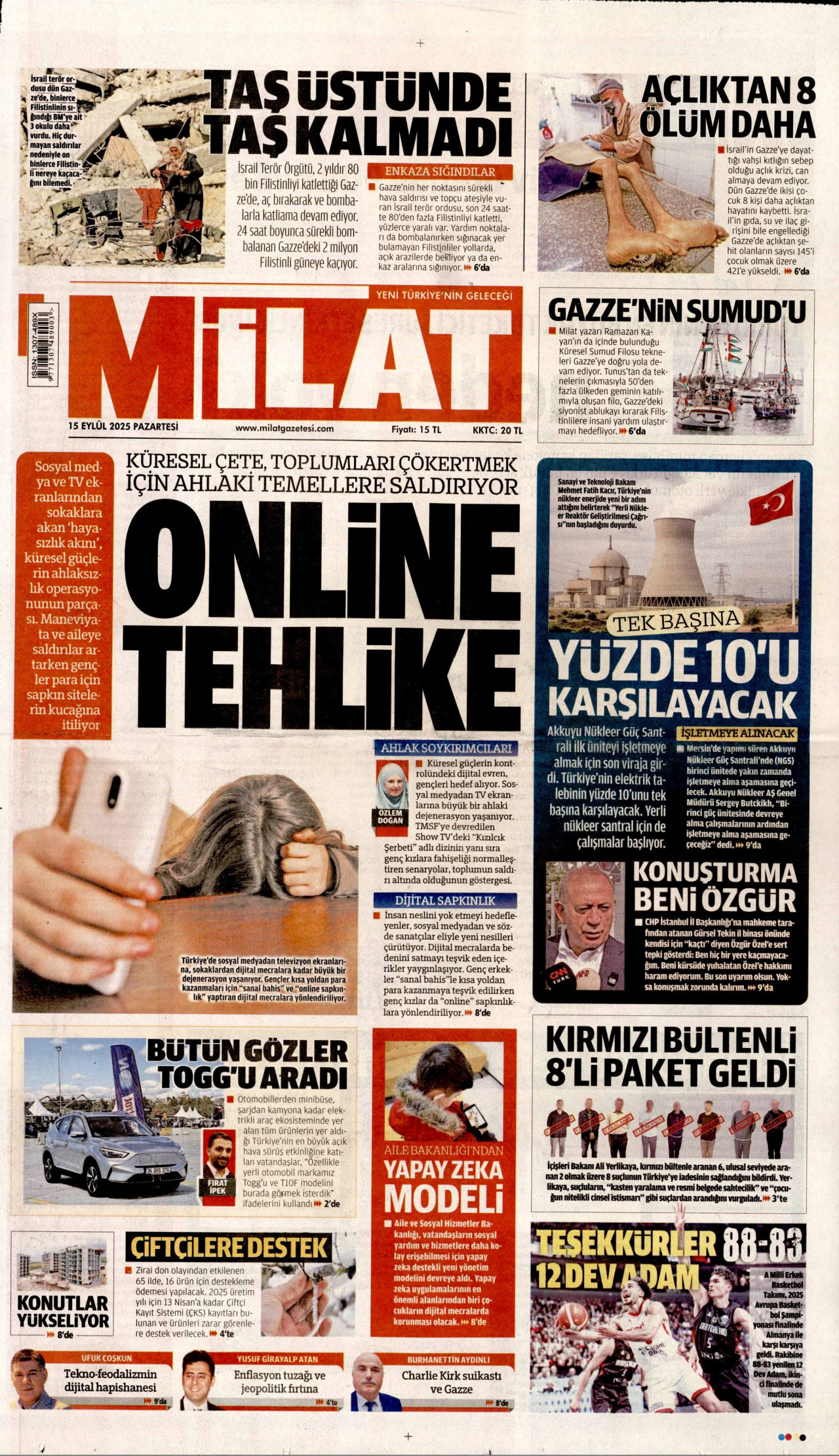 MİLAT gazetesinin 15 Eylül 2025 tarihli birinci sayfası