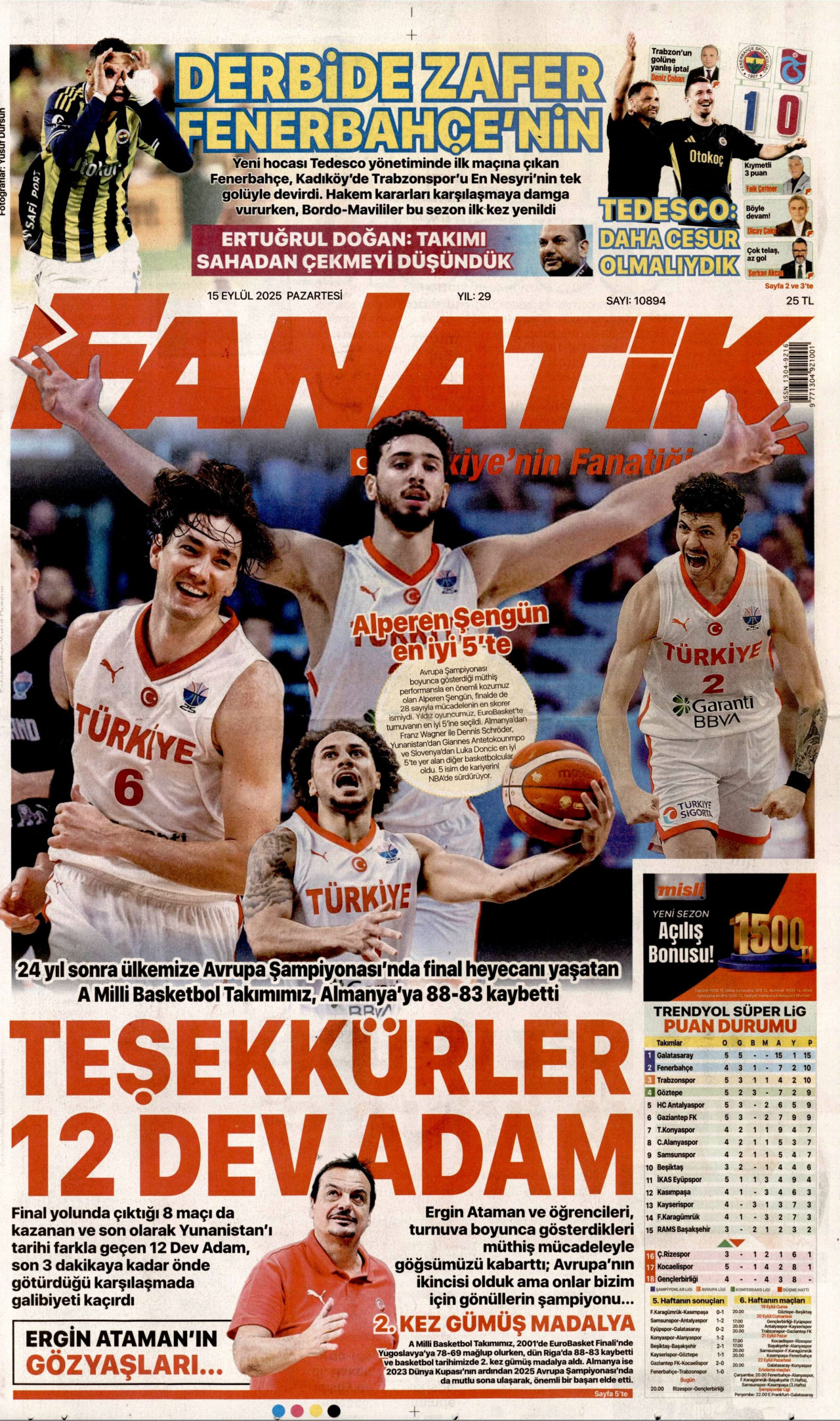 FANATİK gazetesinin 15 Eylül 2025 tarihli birinci sayfası