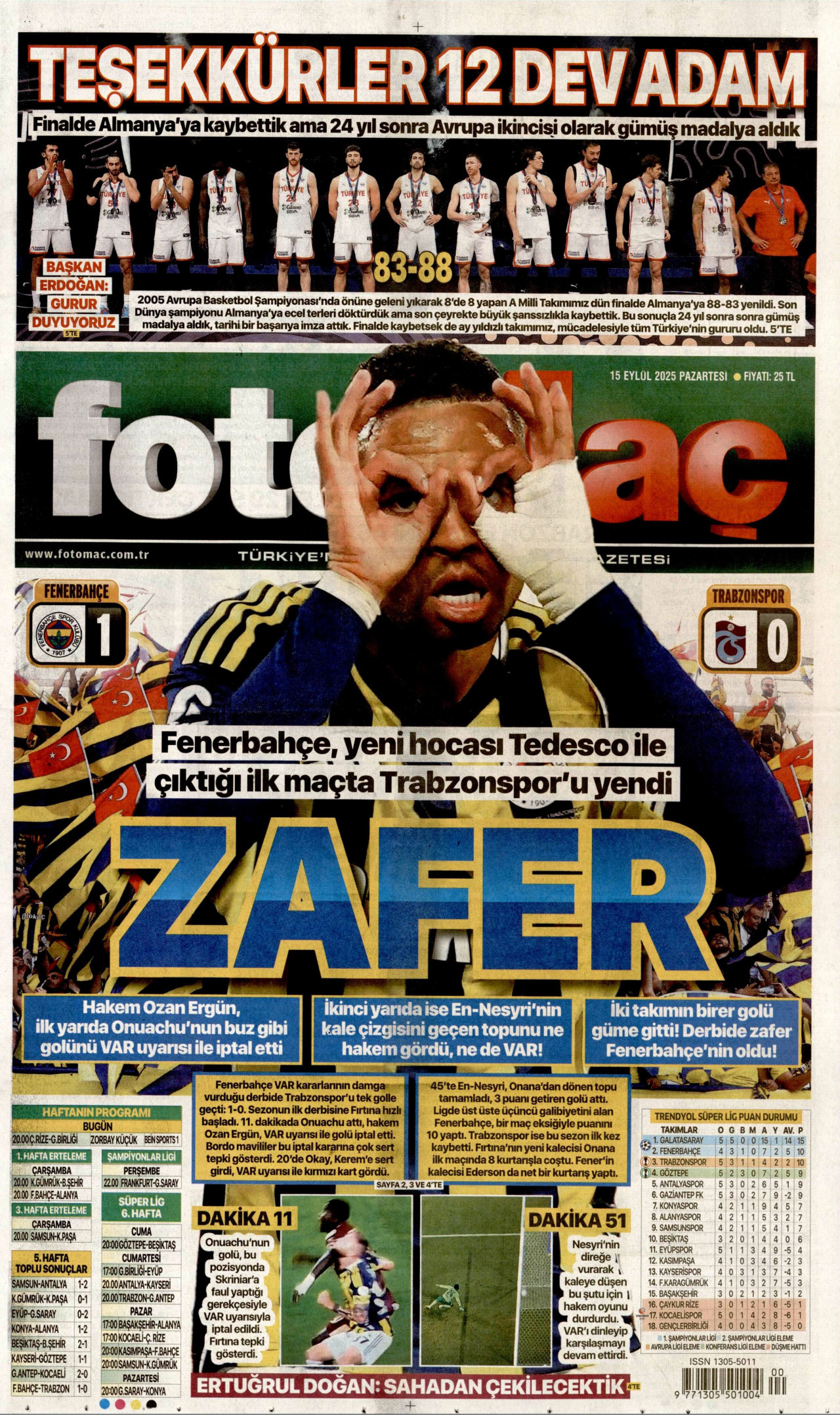 FOTOMAÇ gazetesinin 15 Eylül 2025 tarihli birinci sayfası