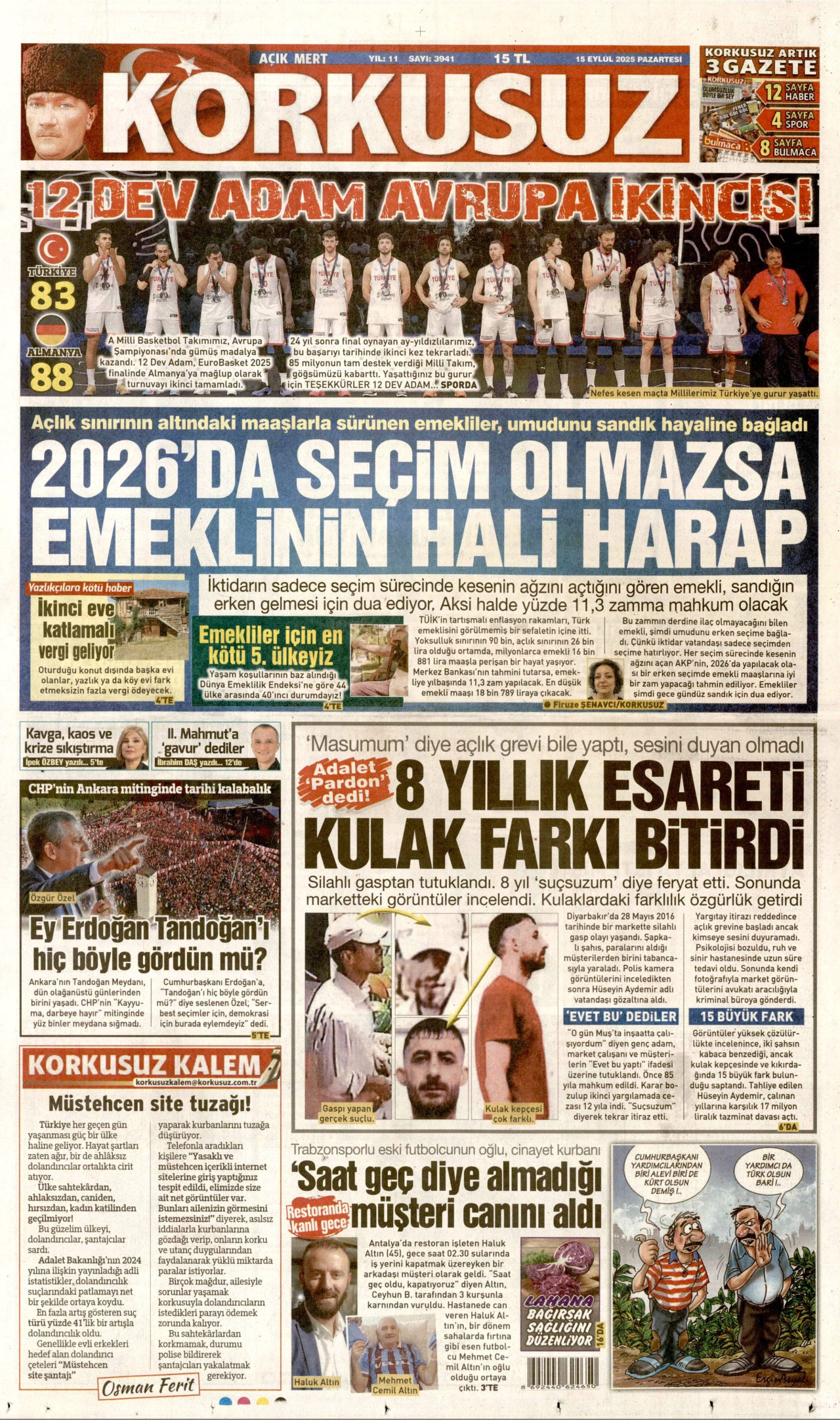 KORKUSUZ gazetesinin 15 Eylül 2025 tarihli birinci sayfası