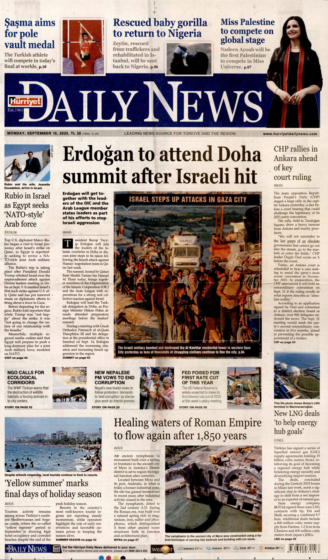HÜRRİYET DAİLY NEWS gazetesinin 15 Eylül 2025 tarihli birinci sayfası