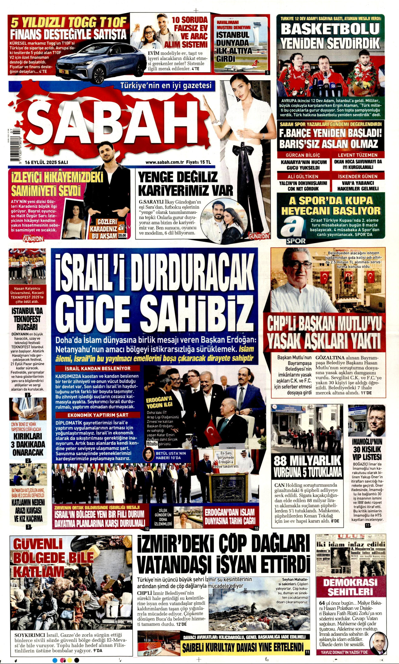 SABAH gazetesinin 16 Eylül 2025 tarihli birinci sayfası