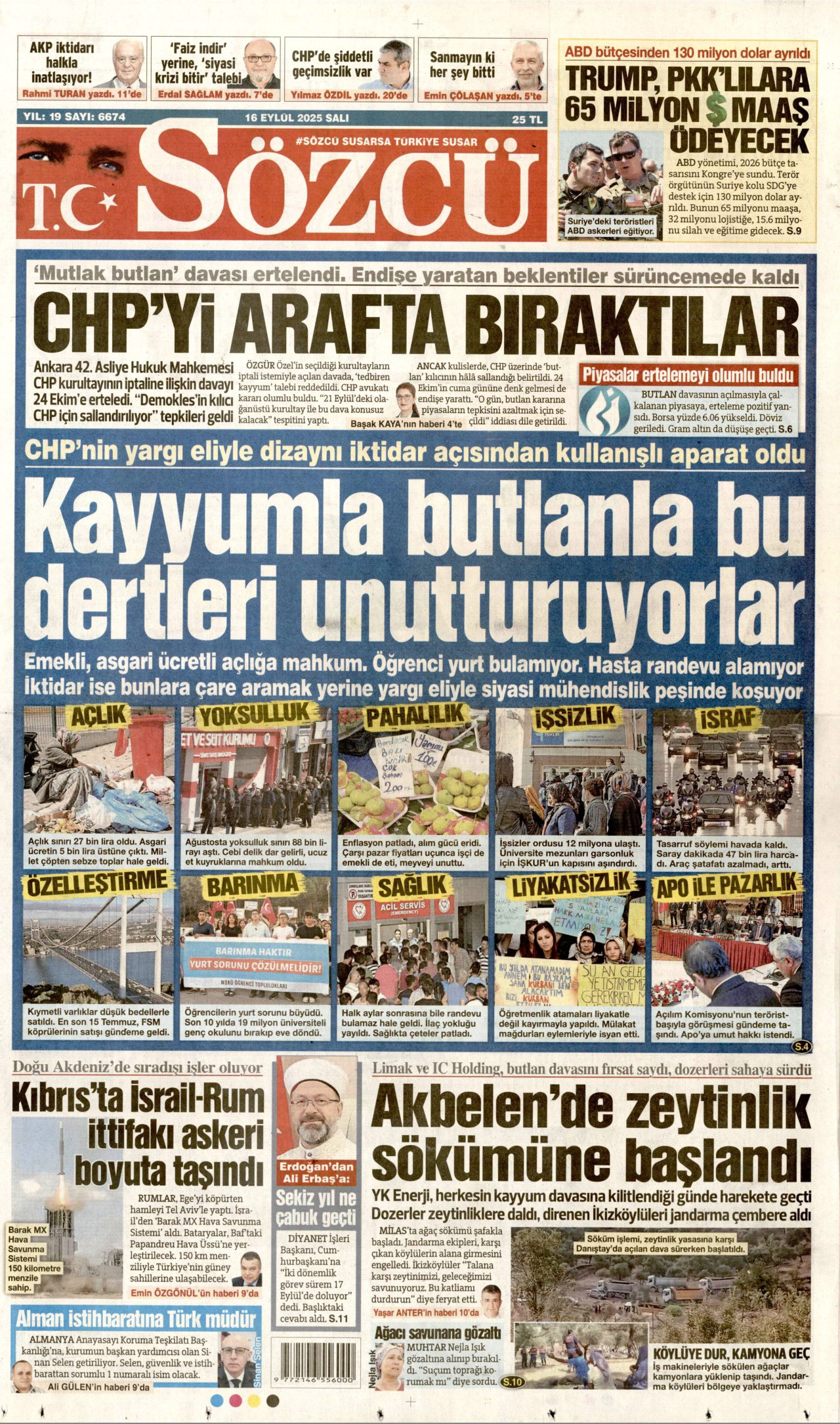 SÖZCÜ gazetesinin 16 Eylül 2025 tarihli birinci sayfası