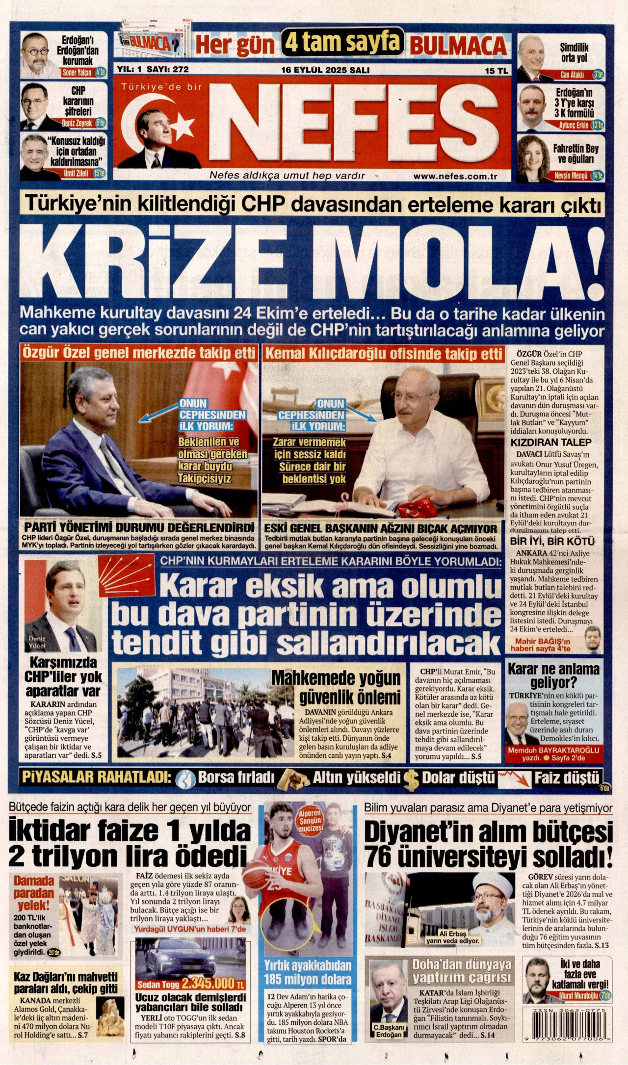 NEFES gazetesinin 16 Eylül 2025 tarihli birinci sayfası