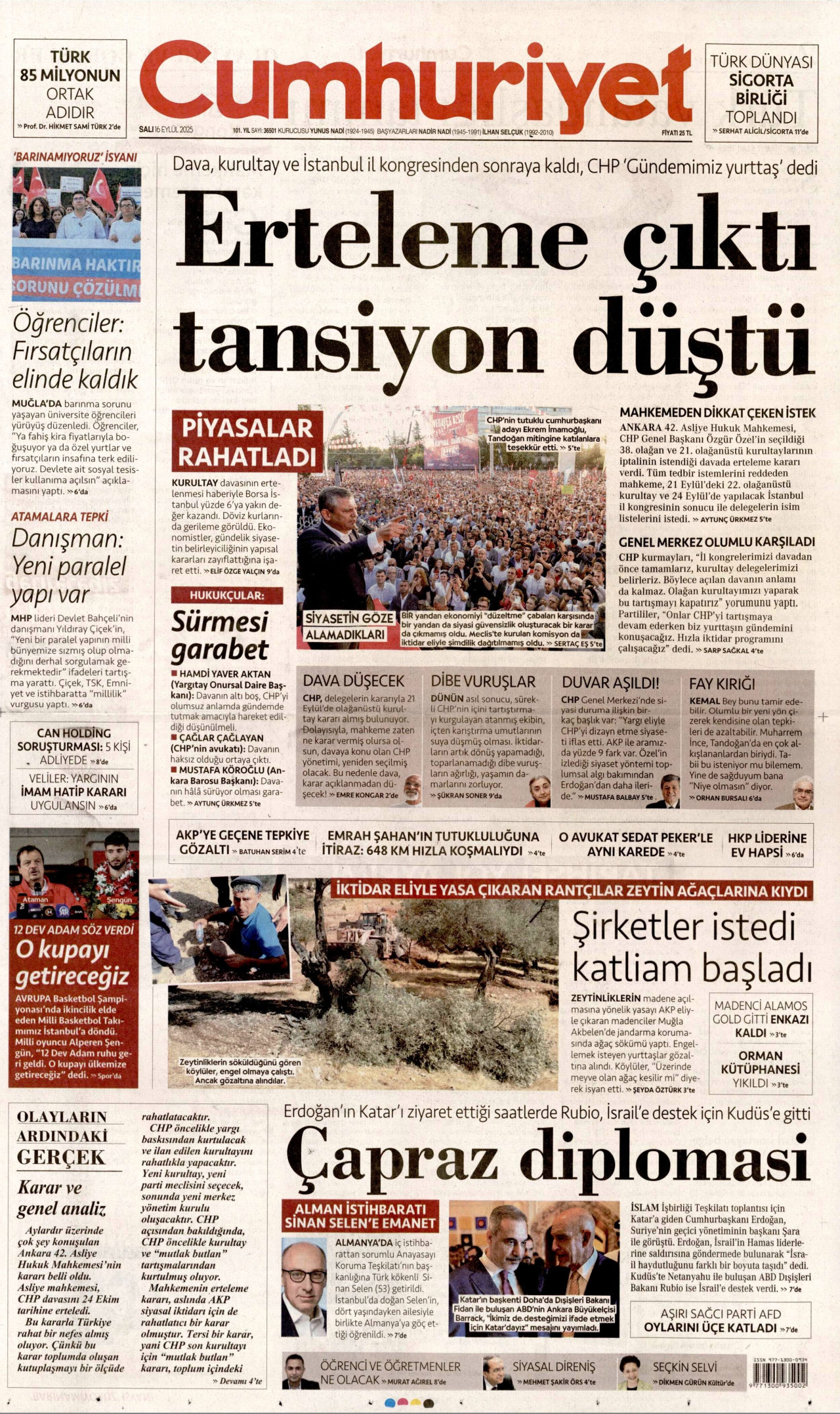 CUMHURİYET gazetesinin 16 Eylül 2025 tarihli birinci sayfası