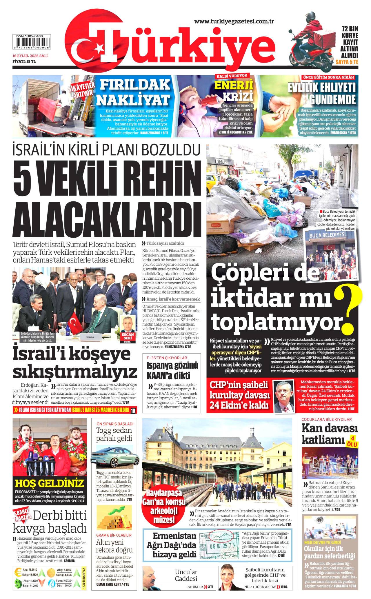 TÜRKİYE GAZETESİ gazetesinin 16 Eylül 2025 tarihli birinci sayfası