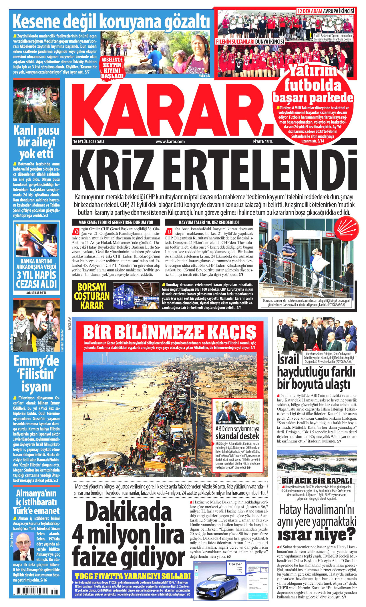 KARAR gazetesinin 16 Eylül 2025 tarihli birinci sayfası