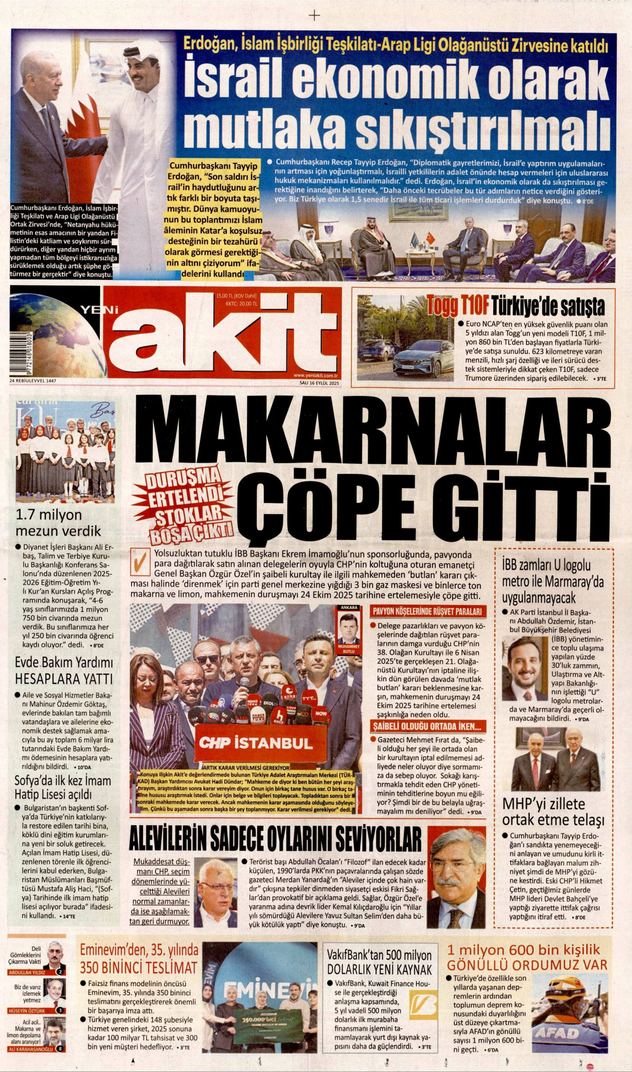 YENİ AKİT gazetesinin 16 Eylül 2025 tarihli birinci sayfası