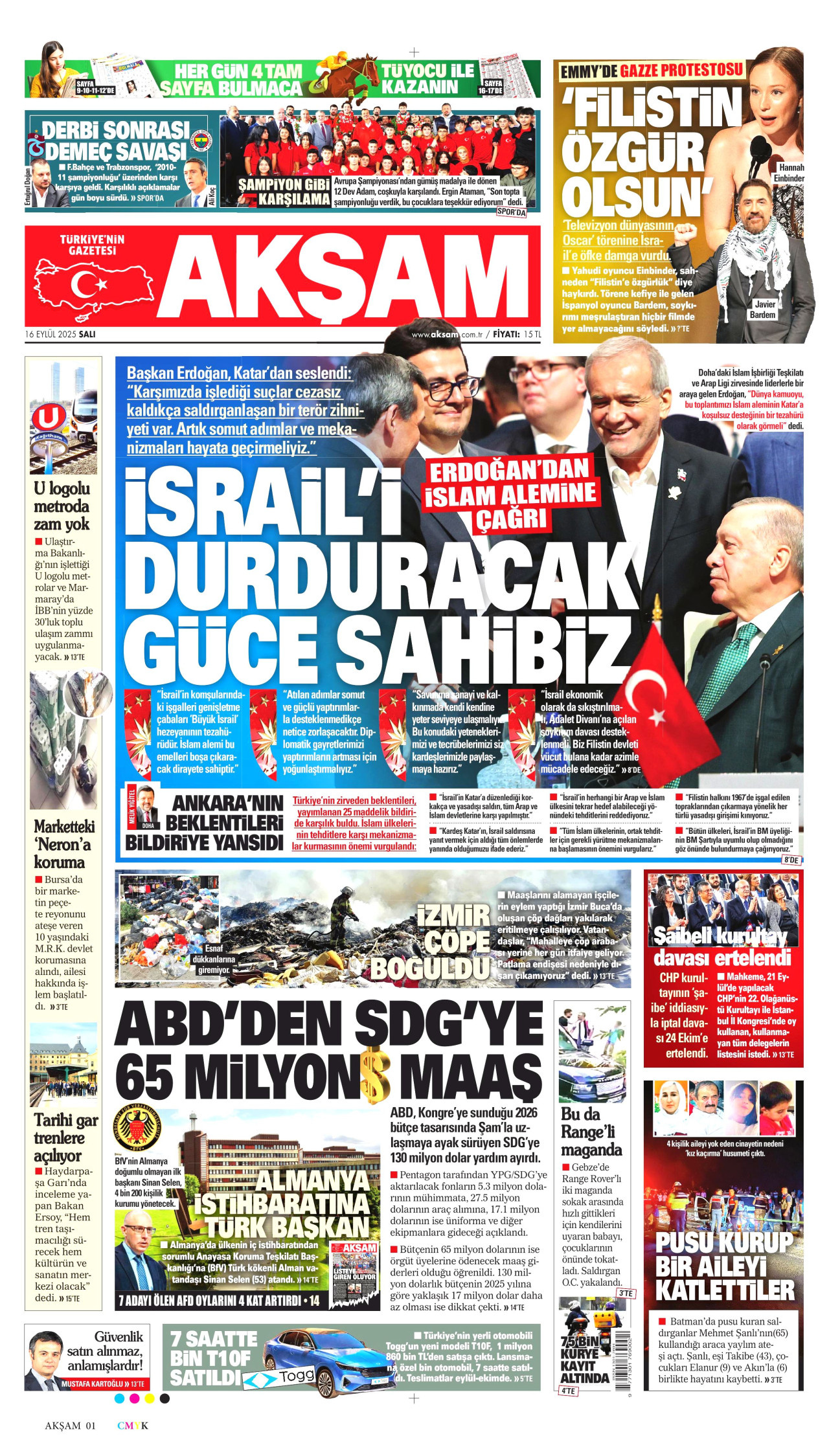 AKŞAM gazetesinin 16 Eylül 2025 tarihli birinci sayfası