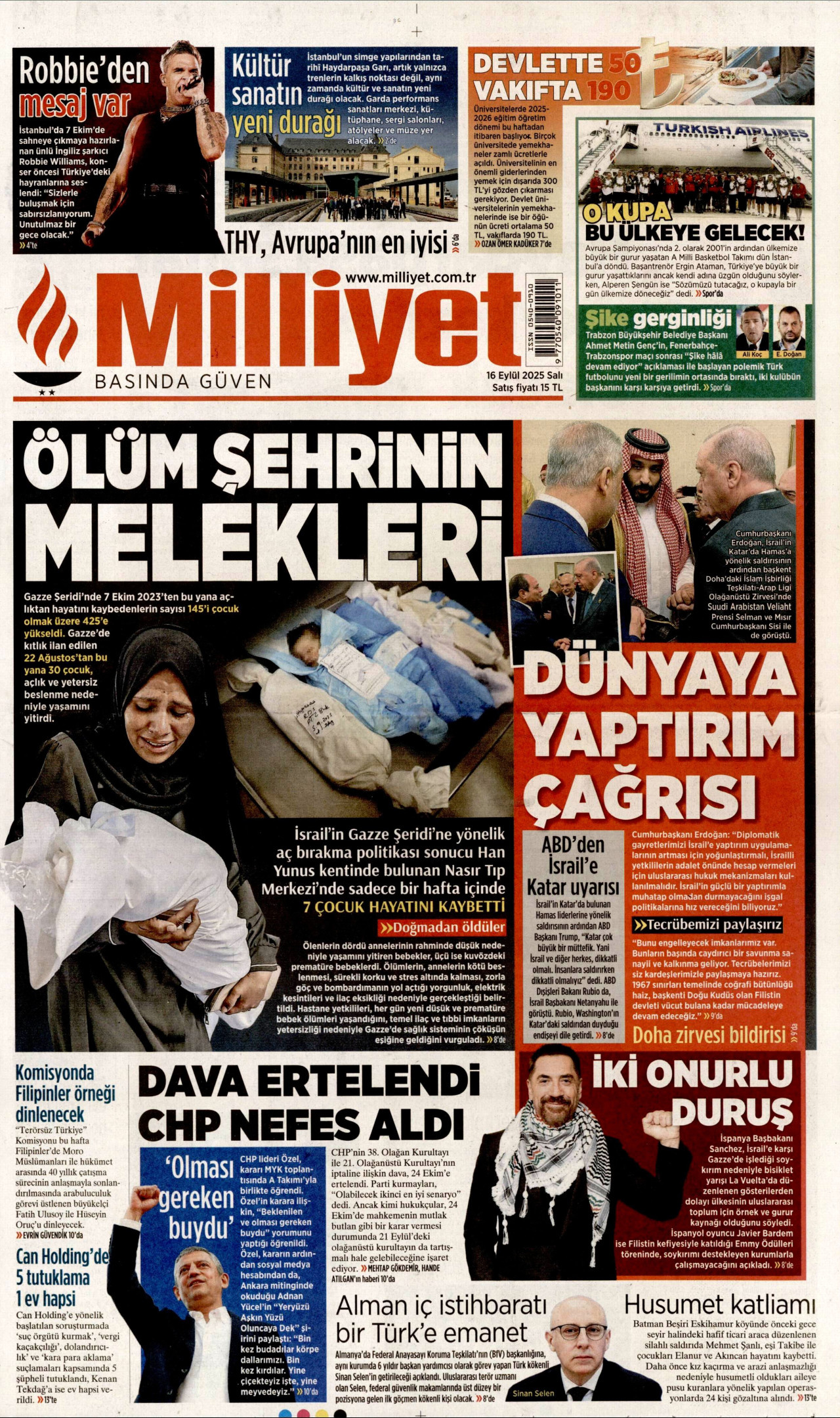 MİLLİYET gazetesinin 16 Eylül 2025 tarihli birinci sayfası