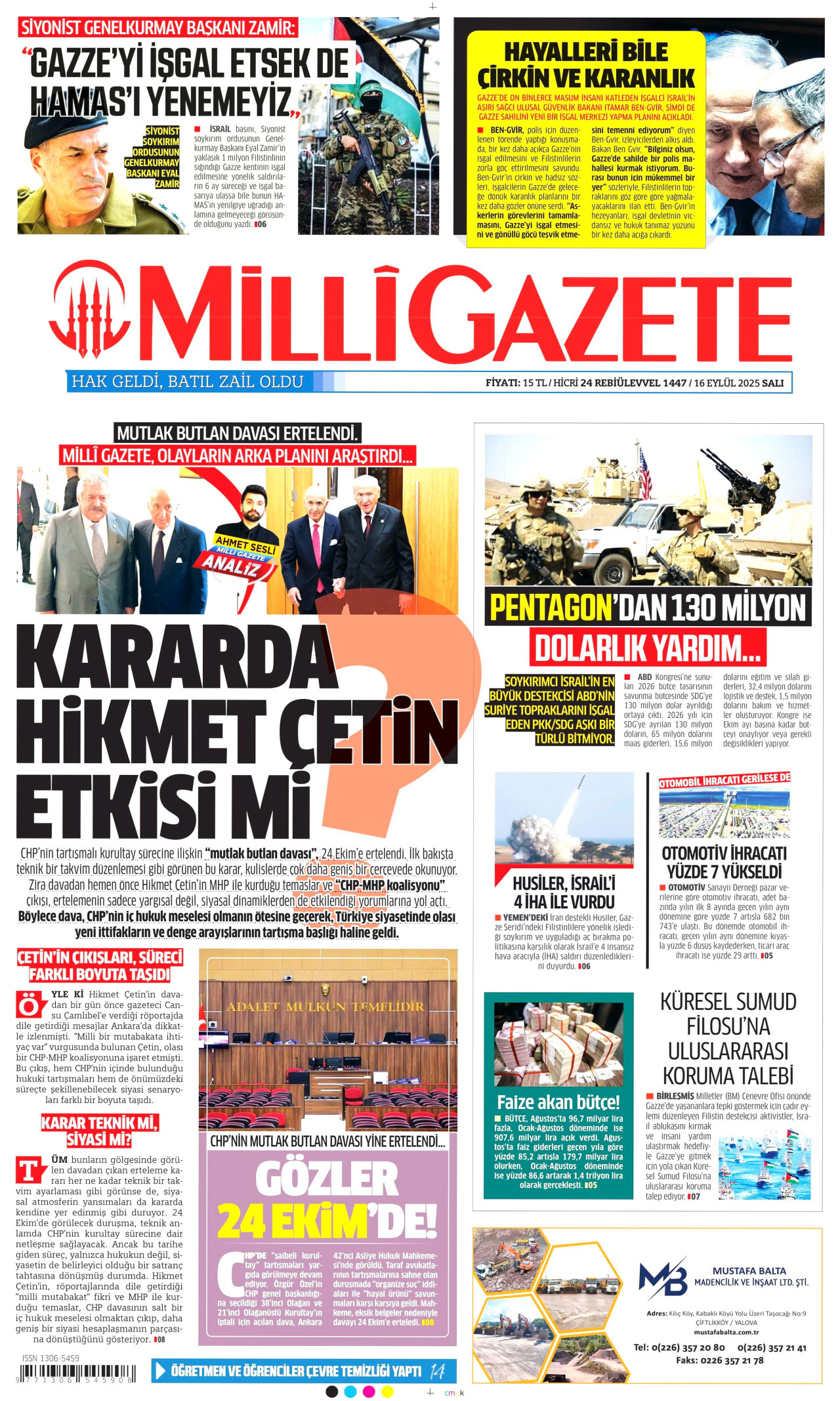 MİLLİ GAZETE gazetesinin 16 Eylül 2025 tarihli birinci sayfası