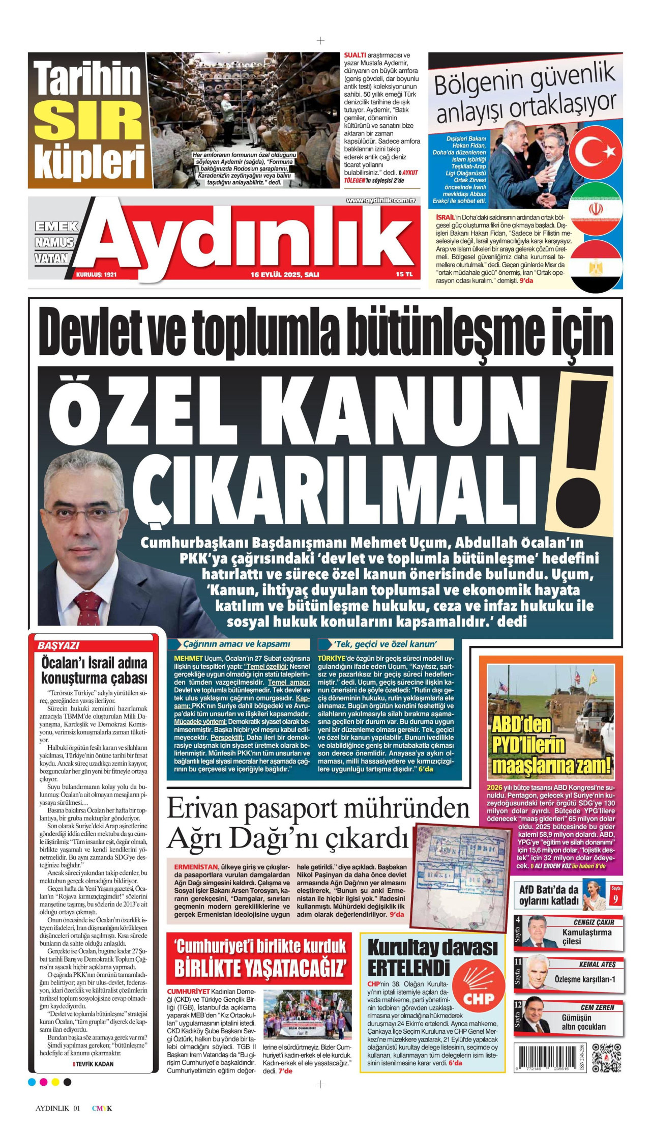AYDINLIK GAZETESİ gazetesinin 16 Eylül 2025 tarihli birinci sayfası