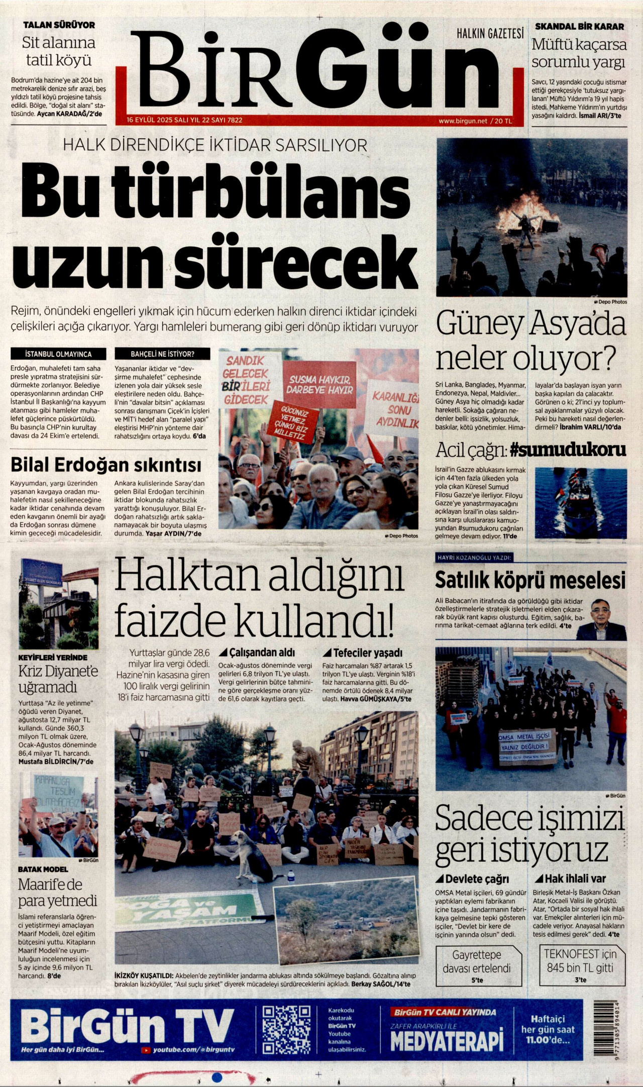 BİRGÜN gazetesinin 16 Eylül 2025 tarihli birinci sayfası