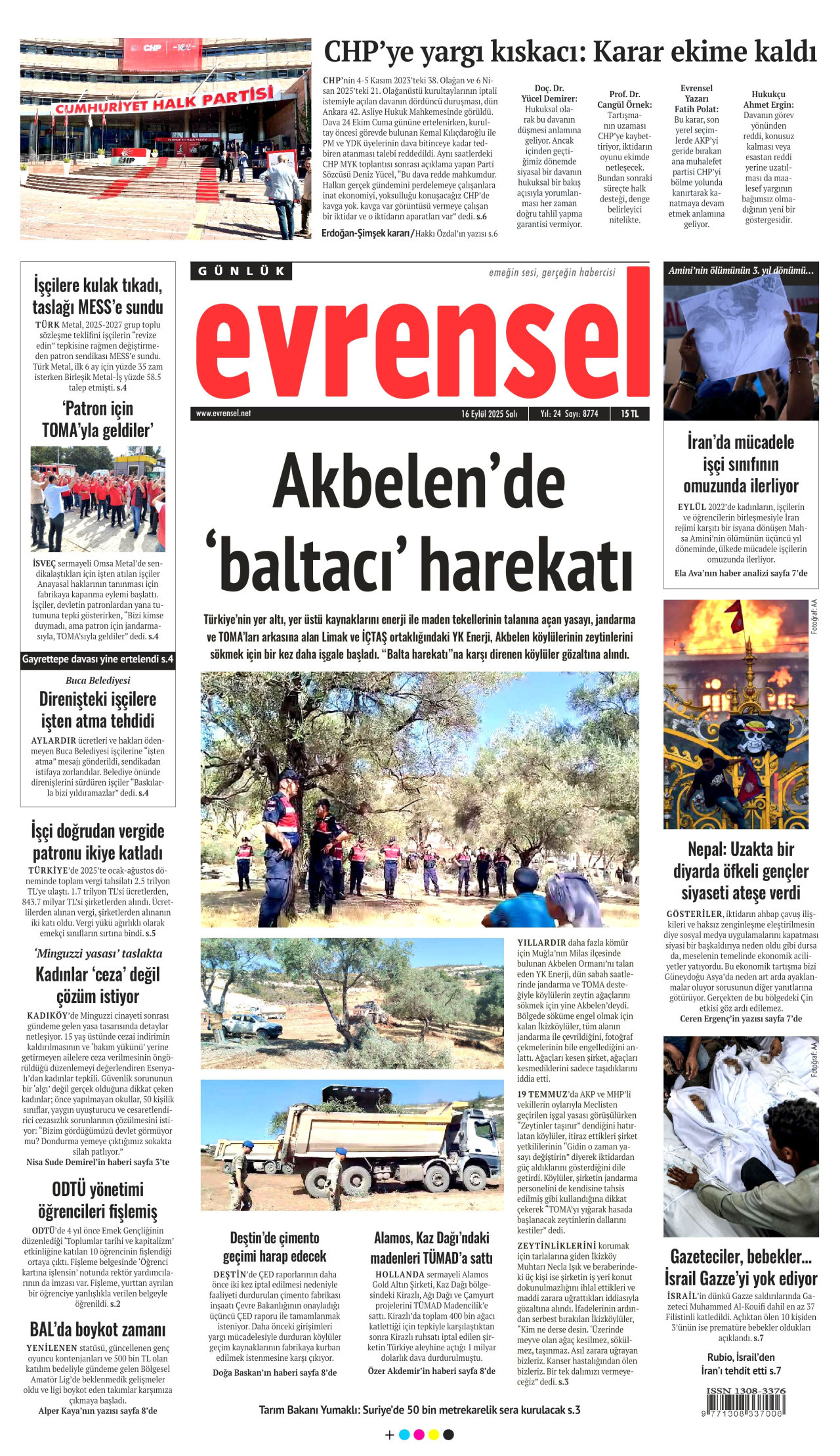 EVRENSEL gazetesinin 16 Eylül 2025 tarihli birinci sayfası