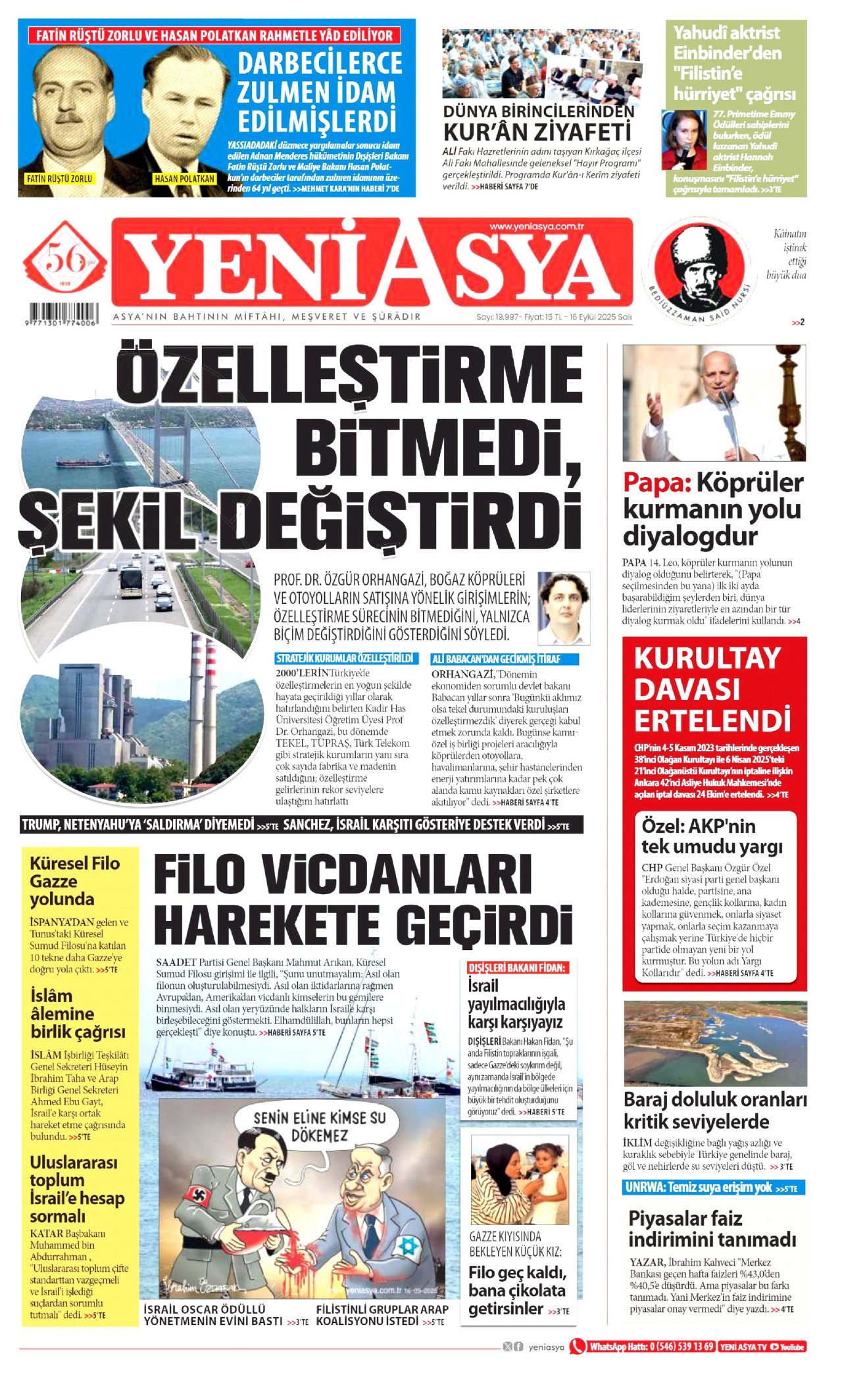 YENİ ASYA gazetesinin 16 Eylül 2025 tarihli birinci sayfası