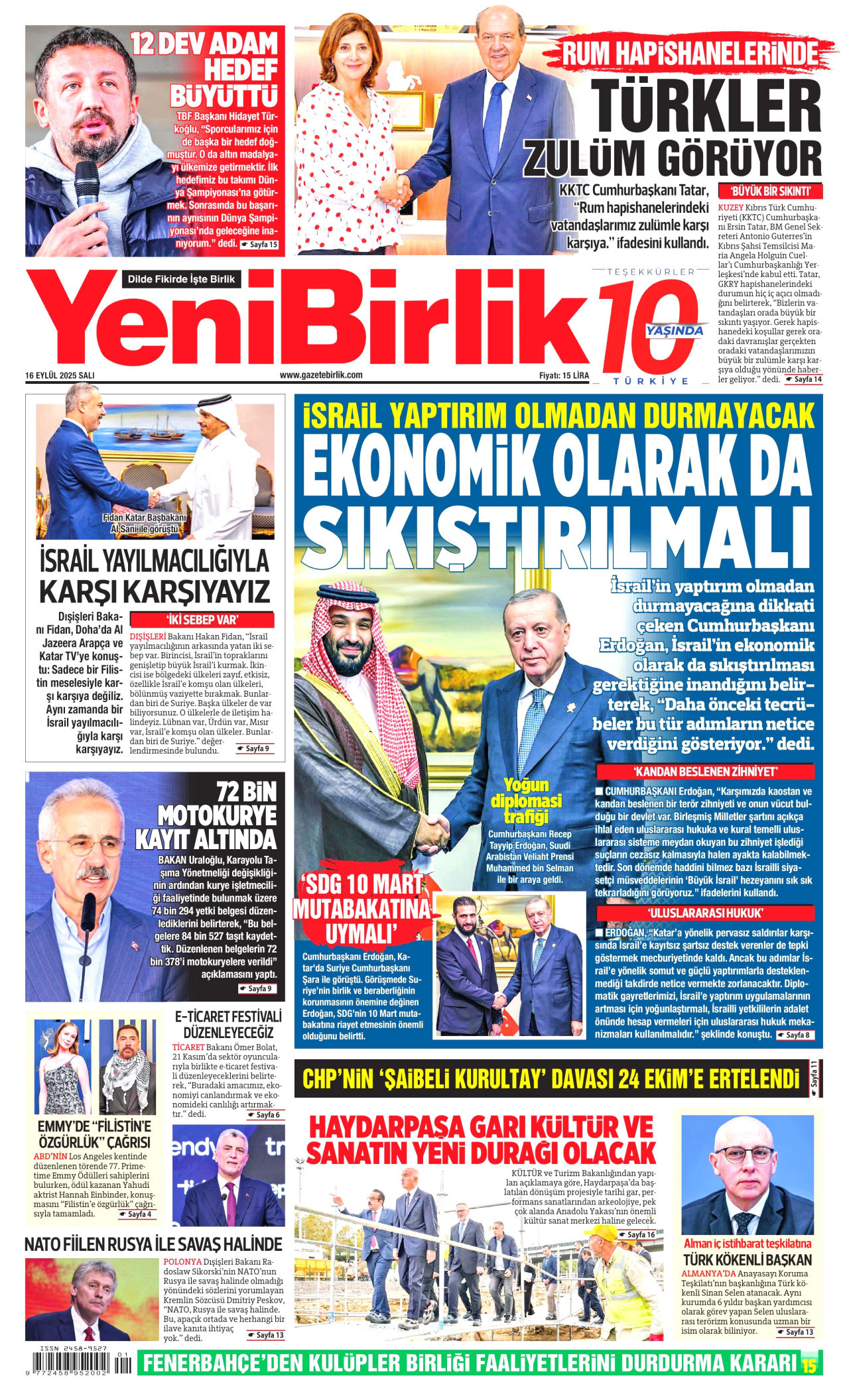 YENİBİRLİK gazetesinin 16 Eylül 2025 tarihli birinci sayfası