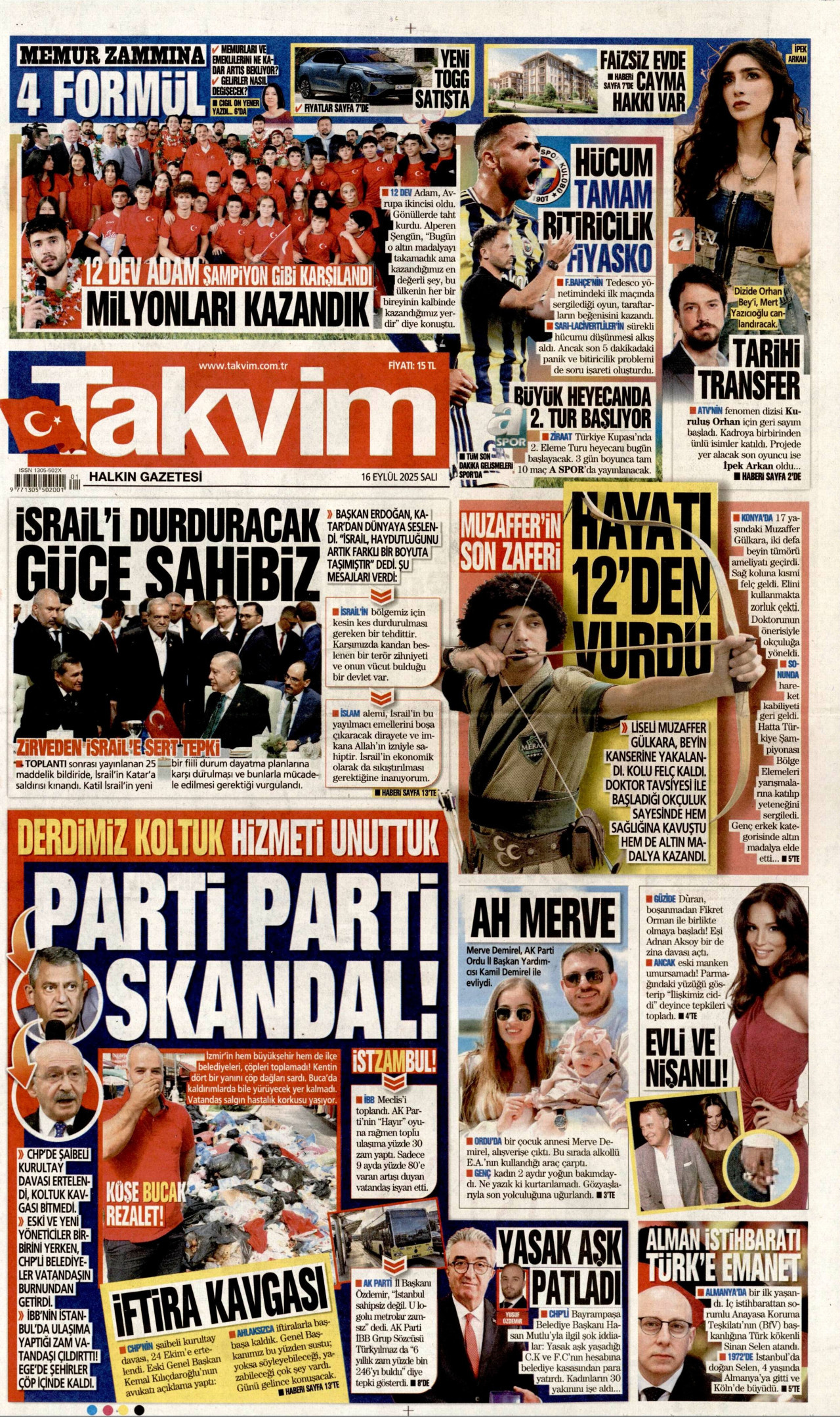 TAKVİM gazetesinin 16 Eylül 2025 tarihli birinci sayfası