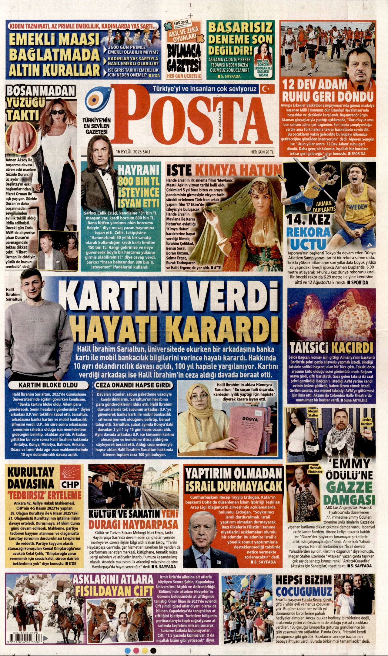 POSTA gazetesinin 16 Eylül 2025 tarihli birinci sayfası
