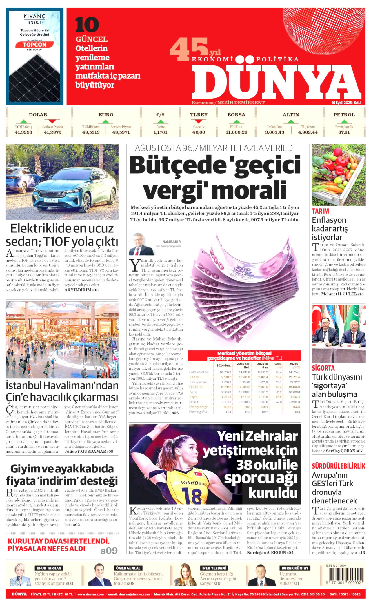 DÜNYA gazetesinin 16 Eylül 2025 tarihli birinci sayfası