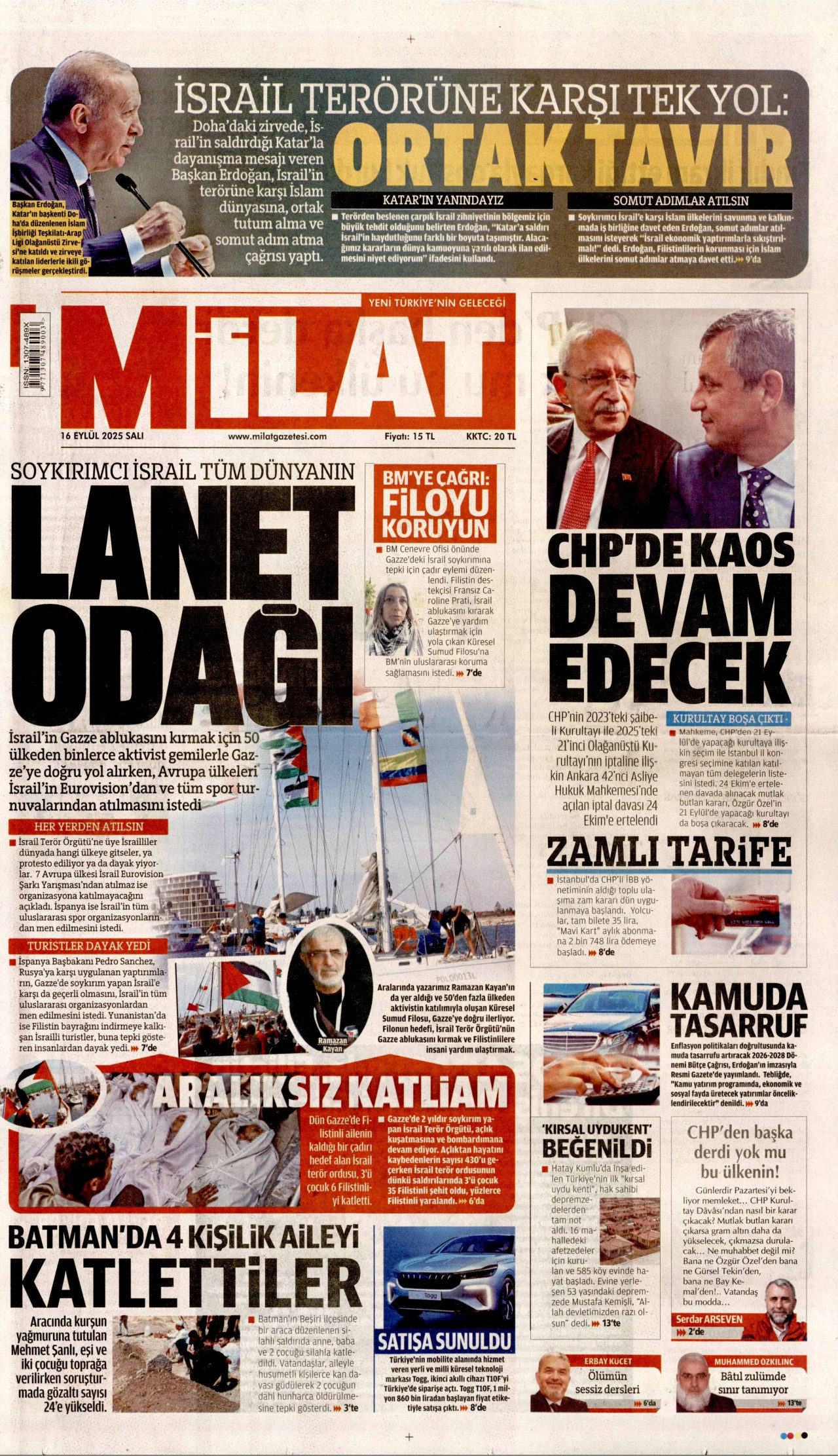 MİLAT gazetesinin 16 Eylül 2025 tarihli birinci sayfası
